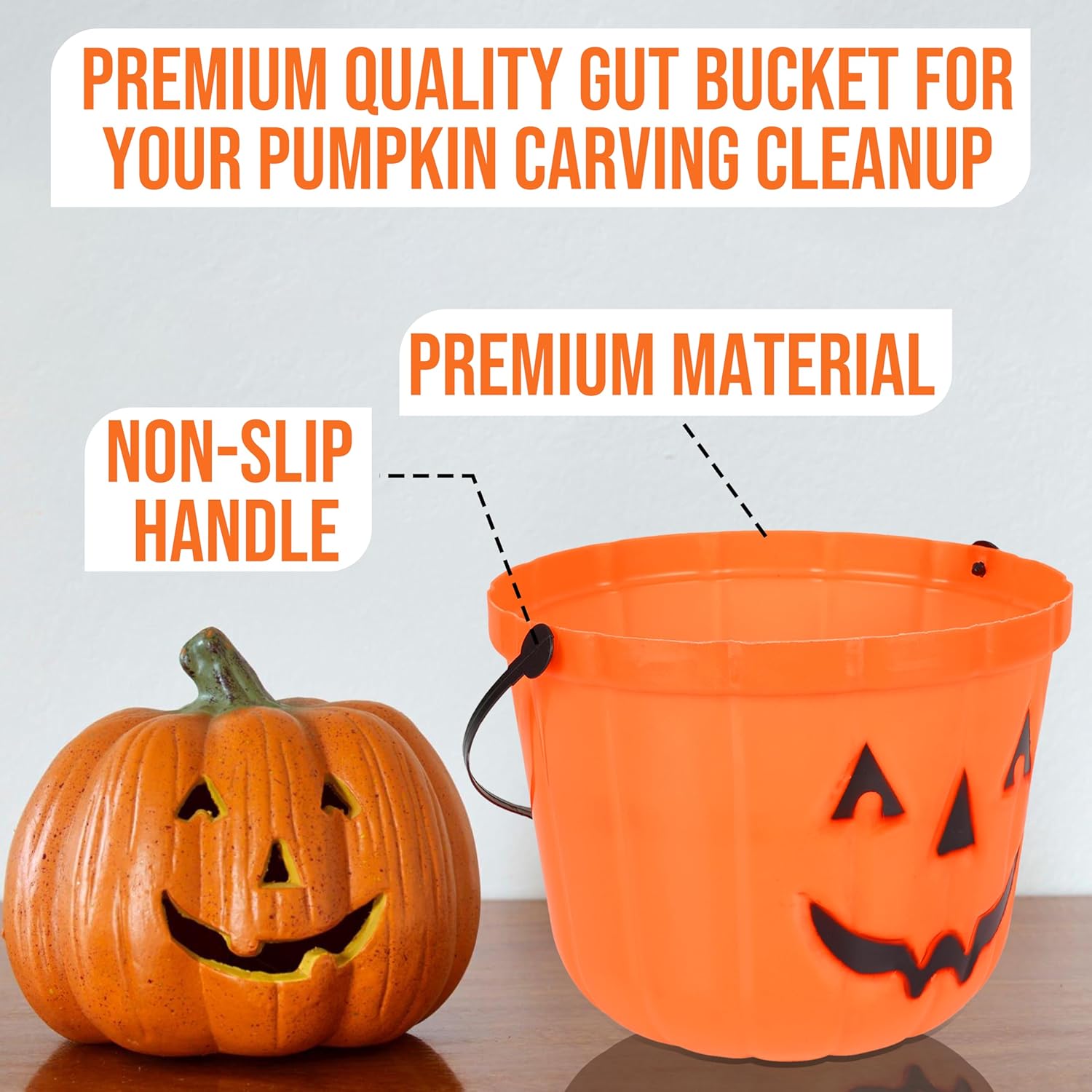 Cubo de calabaza de Halloween y cubierta de mesa con temática de Halloween para una fácil limpieza, cubo de calabaza de plástico para recoger las