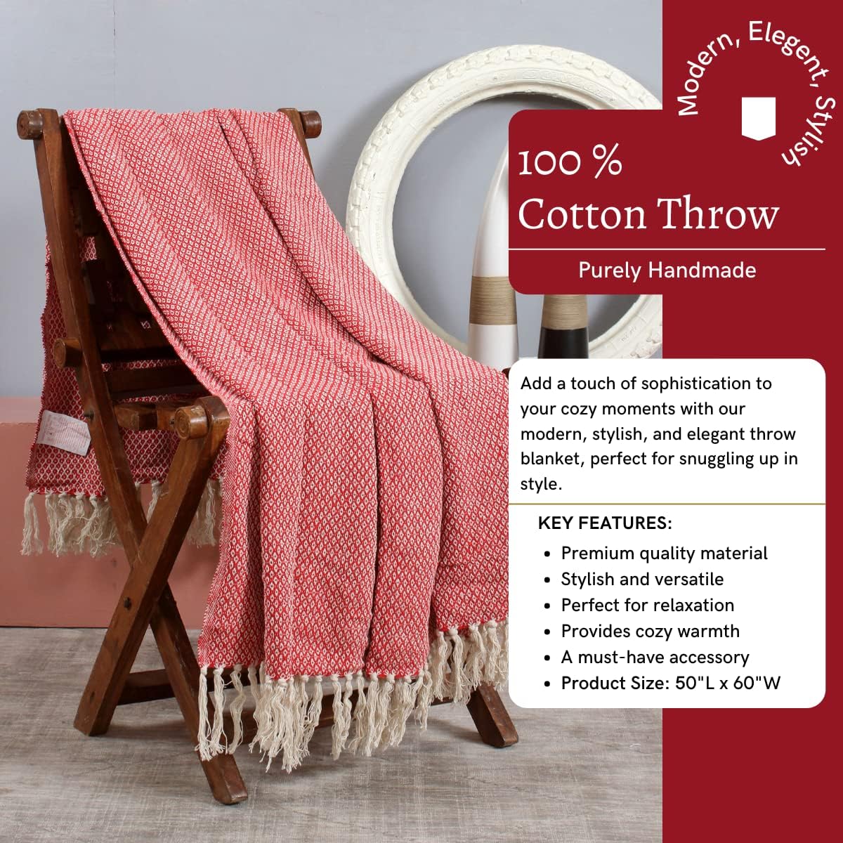 DEKORASI 100% Cotton Diamond Pattern Eco-Friendly Organic Throw Blanket for Couch with Fringes – Red & White  Cozy Lightweight Accent for Couch,