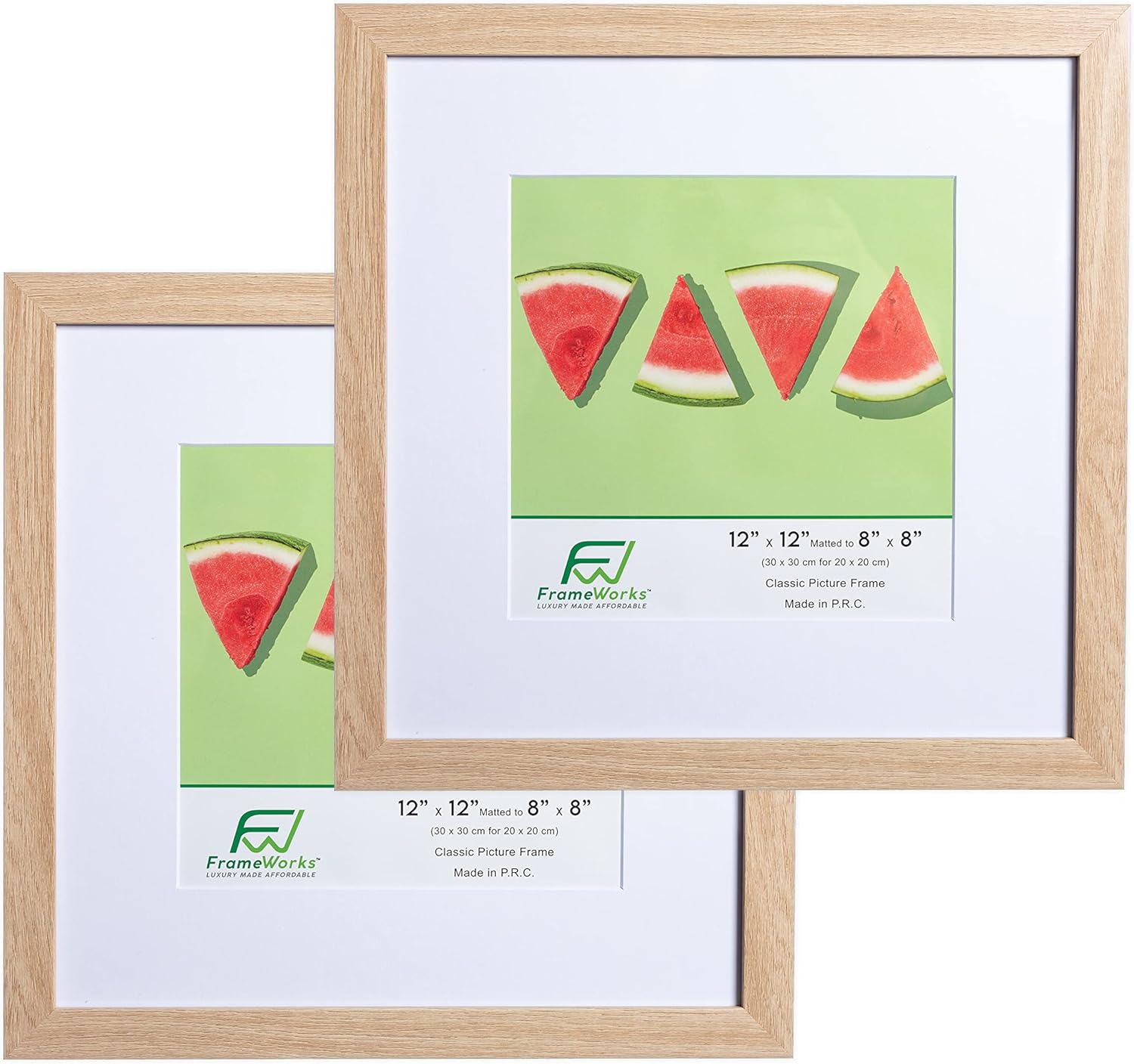 FrameWorks Marco de fotos clásico de madera de 12 x 12 a 8 x 8 pulgadas, vidrio templadoroble natural, paquete de 2 unidades