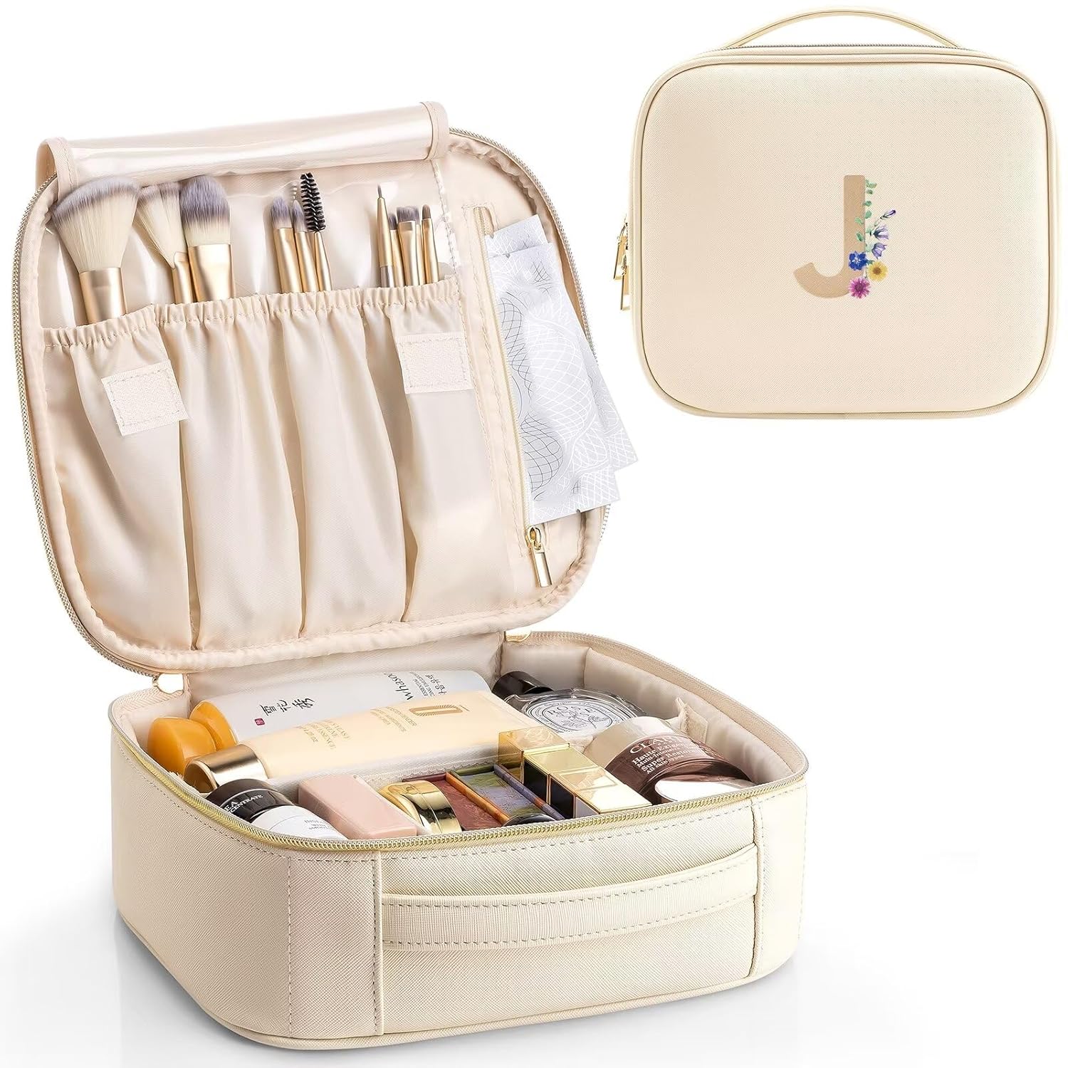 Vlando Regalos de boda para novia, bolsa de almacenamiento de maquillaje inicial, bolsa de cosméticos de viaje para mujeres, regalos de cumpleaños