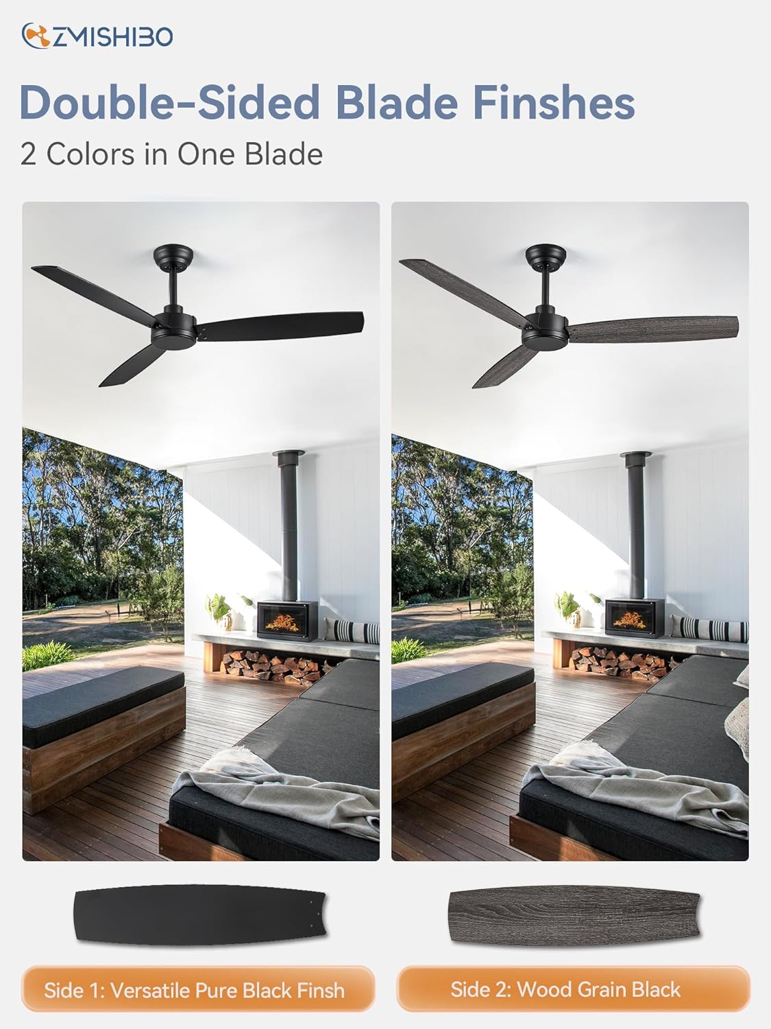ZMISHIBO Paquete de 2 ventiladores de techo para exteriores de 52 pulgadas con control remoto, ventilador de techo negro, sin luz con motor CC
