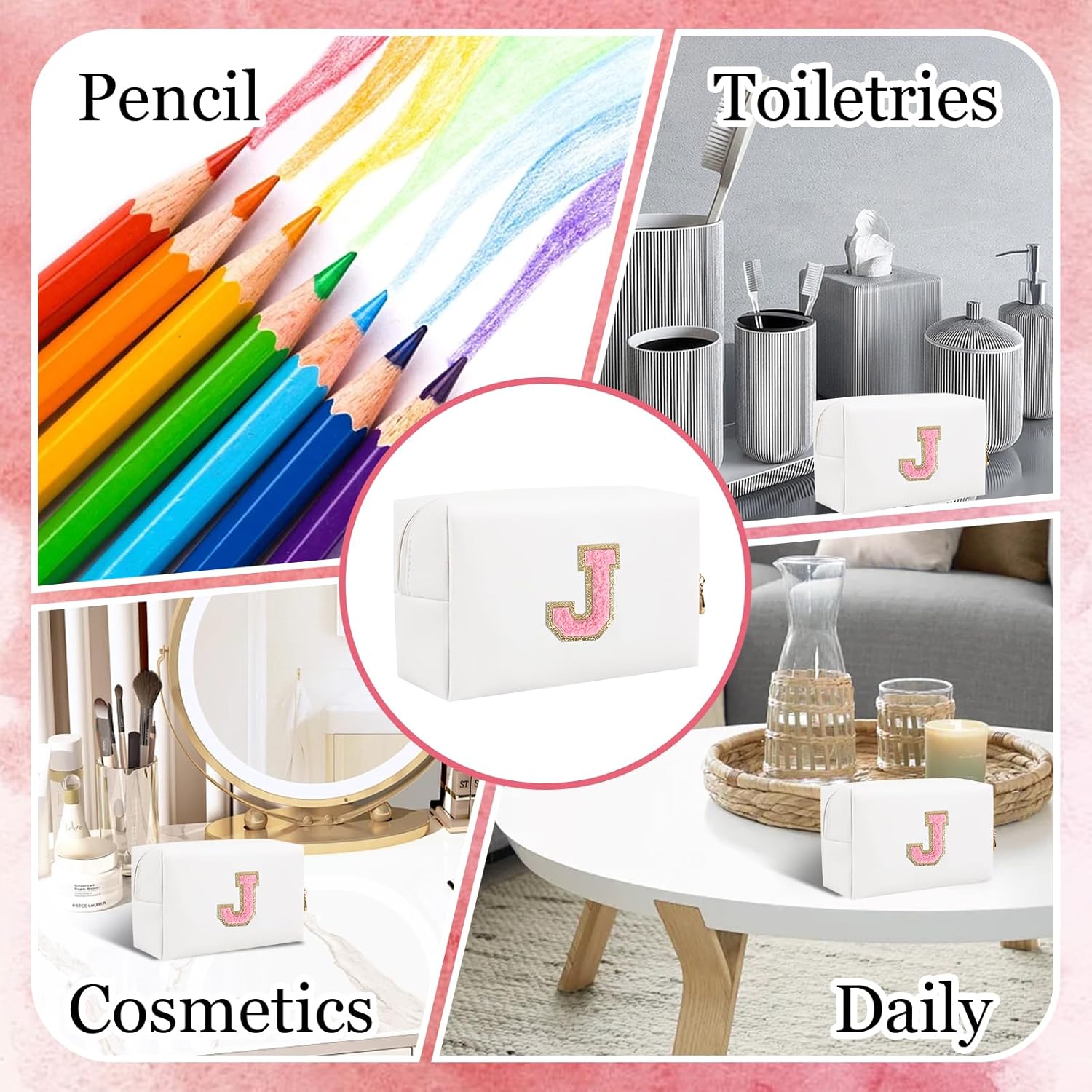 Pequeña bolsa de maquillaje personalizada, bonita bolsa de maquillaje de piel sintética con letras de chenilla, bolsa de cosméticos de viaje, bolsa