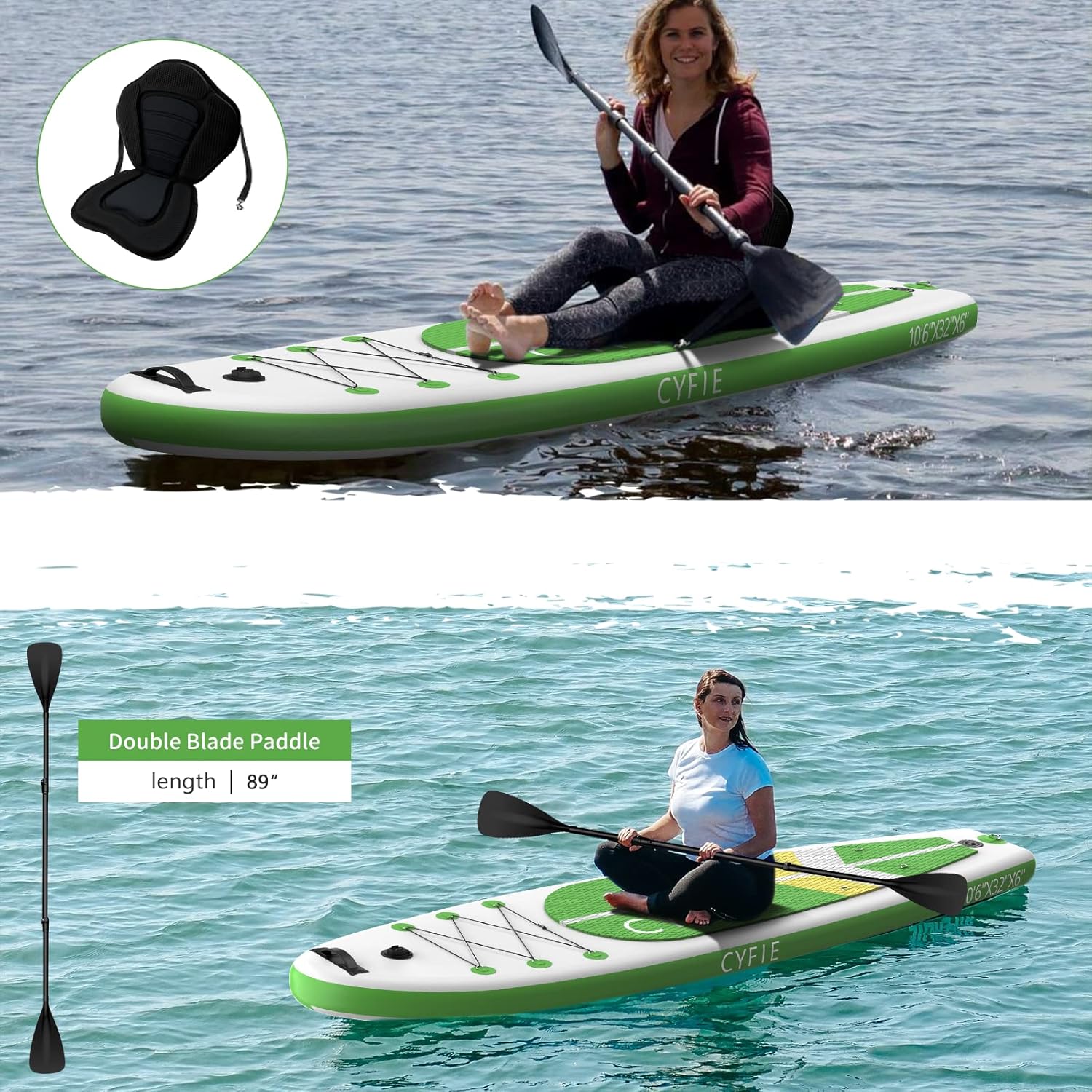 CYFIE Tabla de remo inflable para adulto, tabla de remo de pesca de 10.6 pies con asiento de kayak, accesorios de SUP, bomba, 4 remos, mochila,