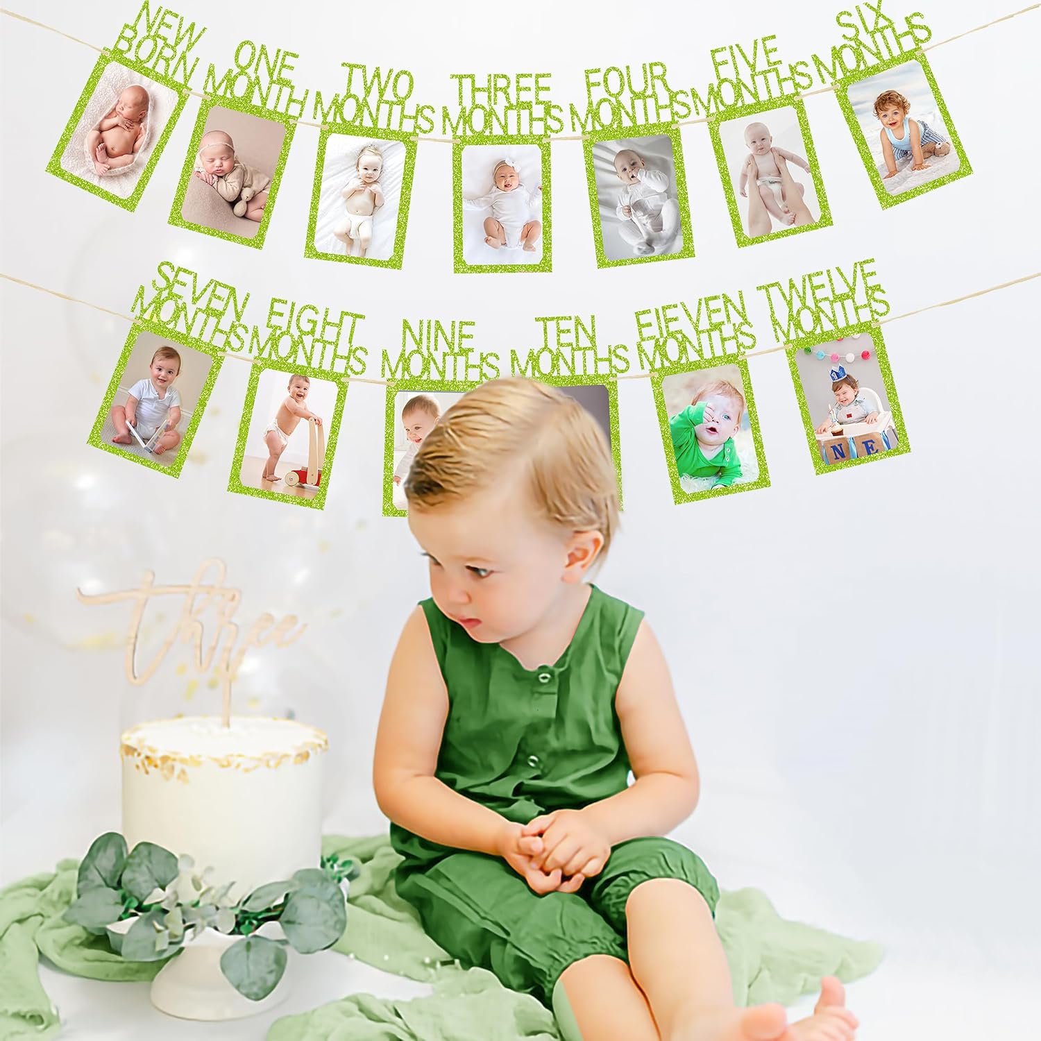 Cartel de fotos de primer cumpleaños para decoración de bebé verde desde recién nacido hasta 12 meses niño niña salvaje