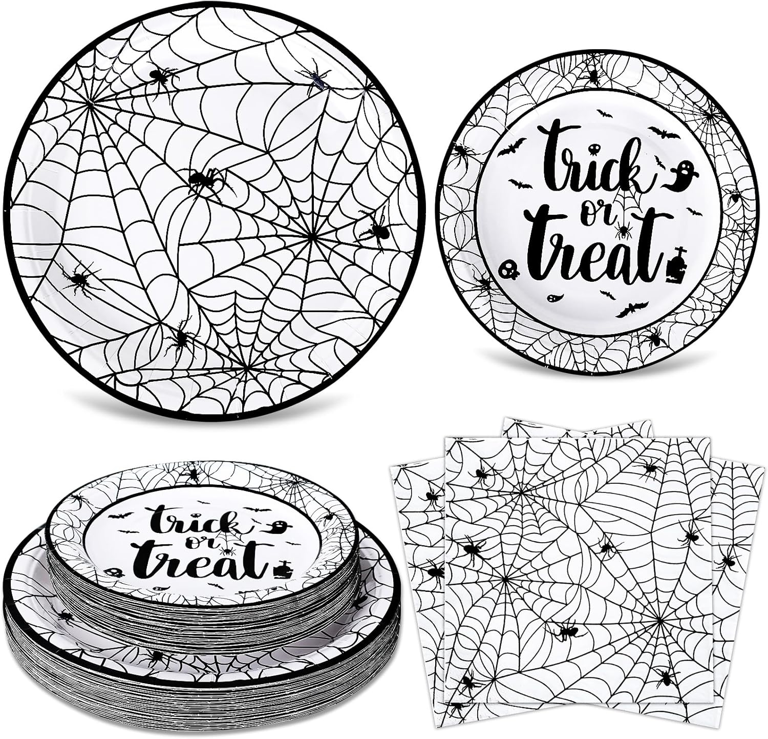 Whaline Platos y servilletas de Halloween, 40 platos de papel de telaraña y 20 servilletas de almuerzo, juego de vajilla desechable para decoración