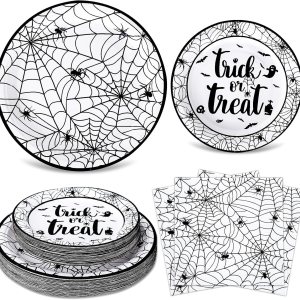 Whaline Platos y servilletas de Halloween, 40 platos de papel de telaraña y 20 servilletas de almuerzo, juego de vajilla desechable para decoración Whaline Platos y servilletas de Halloween, 40 platos de papel de telaraña y 20 servilletas de almuerzo, juego de vajilla desechable para decoración