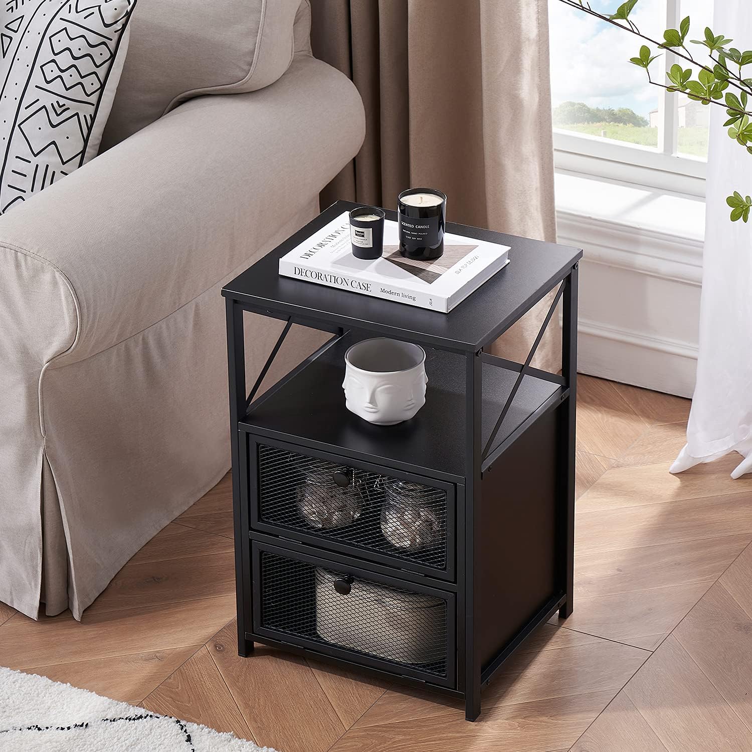 VECELO Mesita de noche, mesa auxiliar con espacio de almacenamiento y puerta, mesitas de noche modernas para sala de estar, dormitorio, mármol