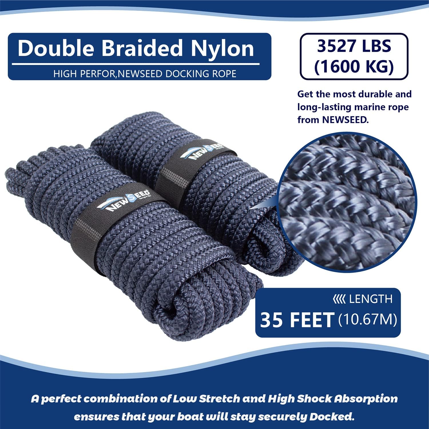 -NEWSEED – Líneas de muelle de nailon doble trenzado, paquete de 2 unidades de 25 y 35 pies con ojales de 12 y 15 pulgadas 38 pulgadas 12 pulgadas