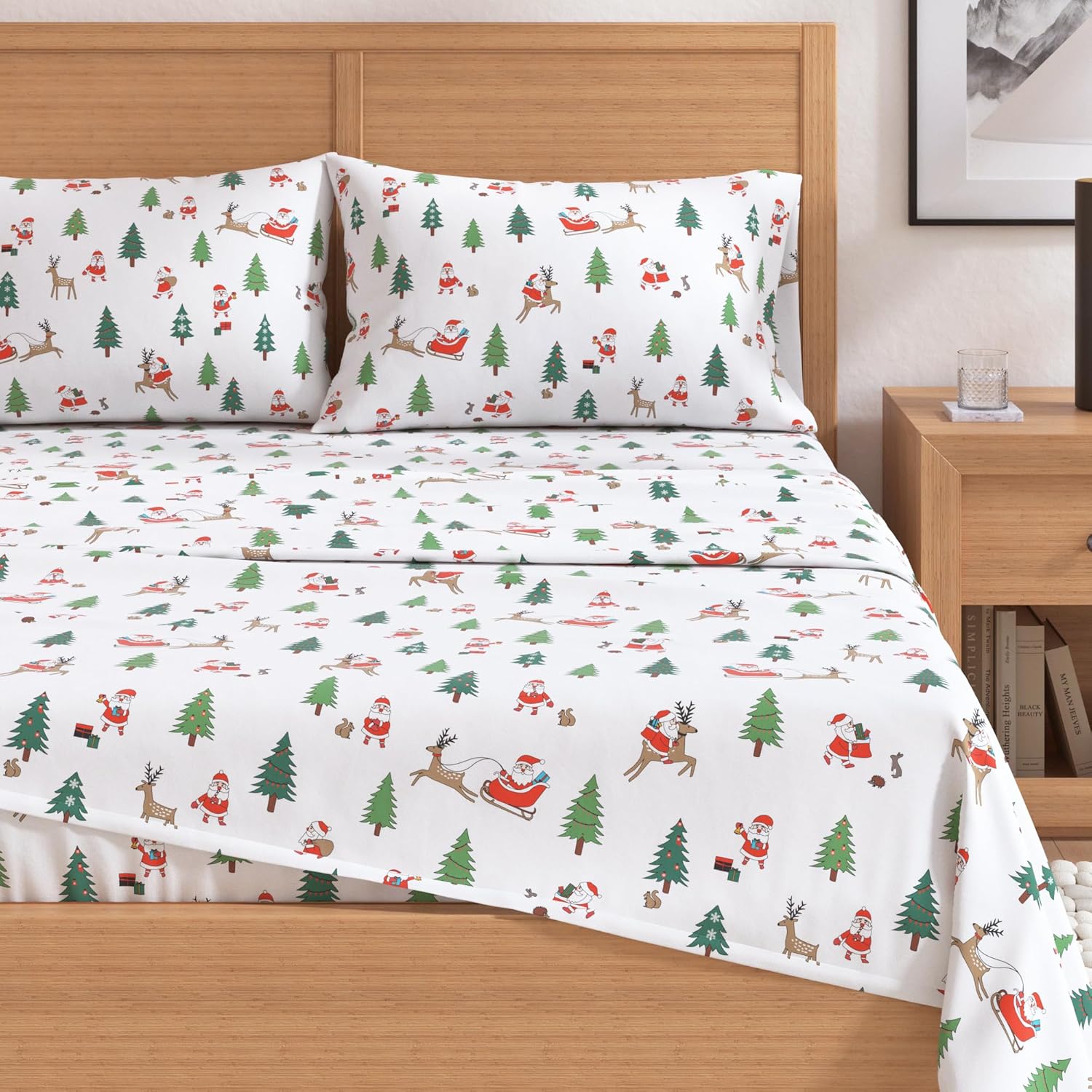 Great Bay Home Juego de sábanas de Navidad de franela de algodón turco 100 %, para niños, bajera con gran caída lateral, suaves, cama cálida,