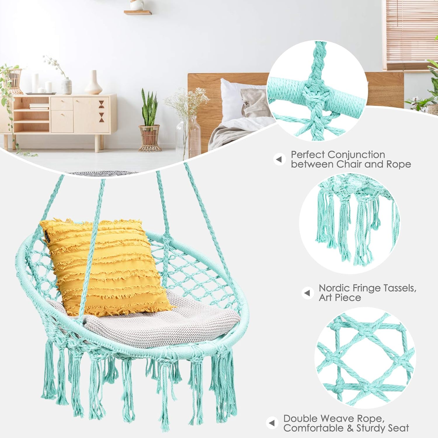 Tangkula Silla hamaca colgante, silla columpio de macramé con borlas y anillos colgantes de alta resistencia, estilo bohemio hecho a mano con cuerda