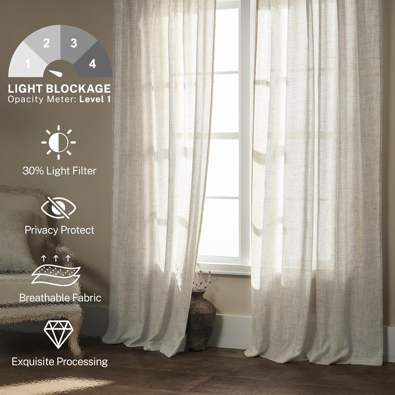 MEETBILY Cortinas traslúcidas de lino natural de 102 pulgadas de largo para sala de estar, juego de 2 paneles con bolsillo con pestaña trasera,