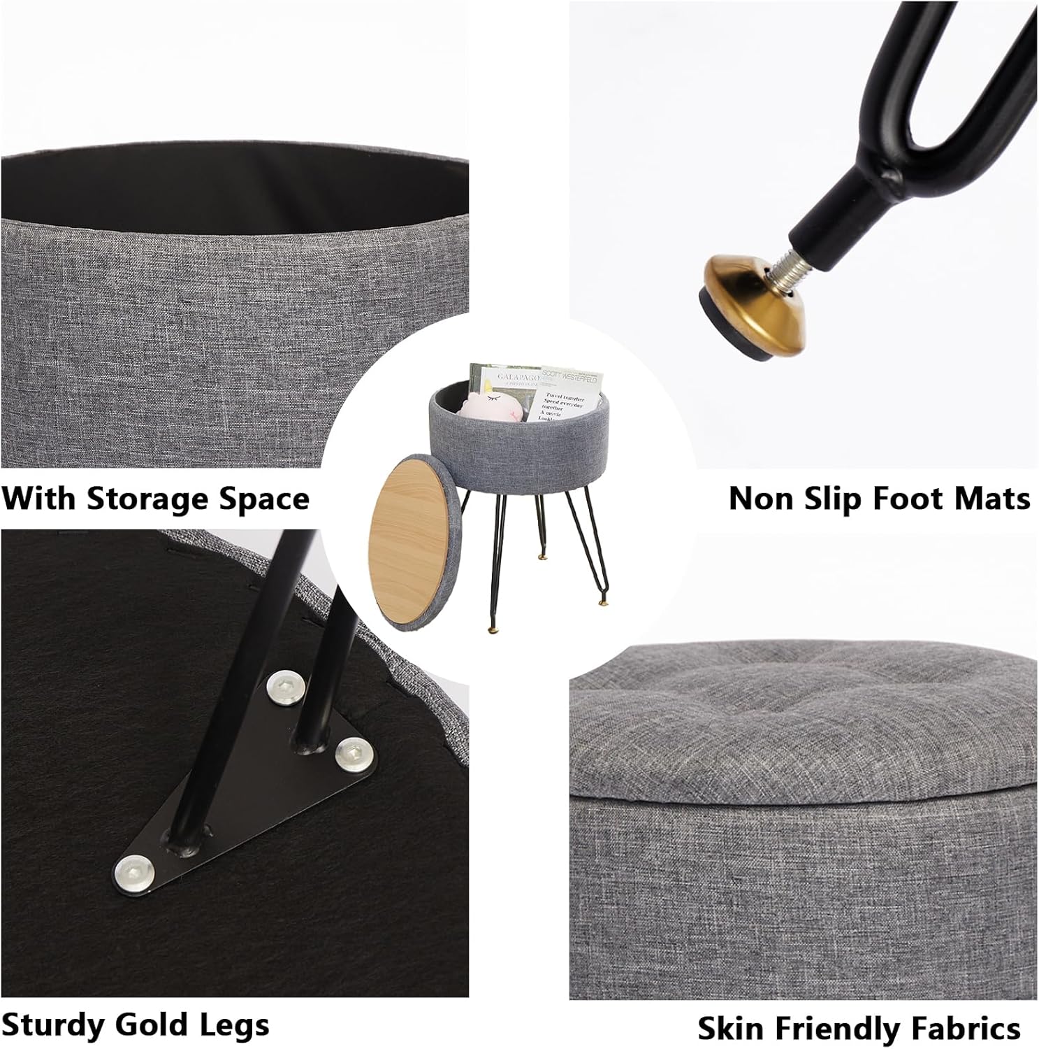 Taburete de tocador con otomana de almacenamiento, silla de tocador de lino para sala de maquillaje, reposapiés redondo con 4 patas de metal y pies