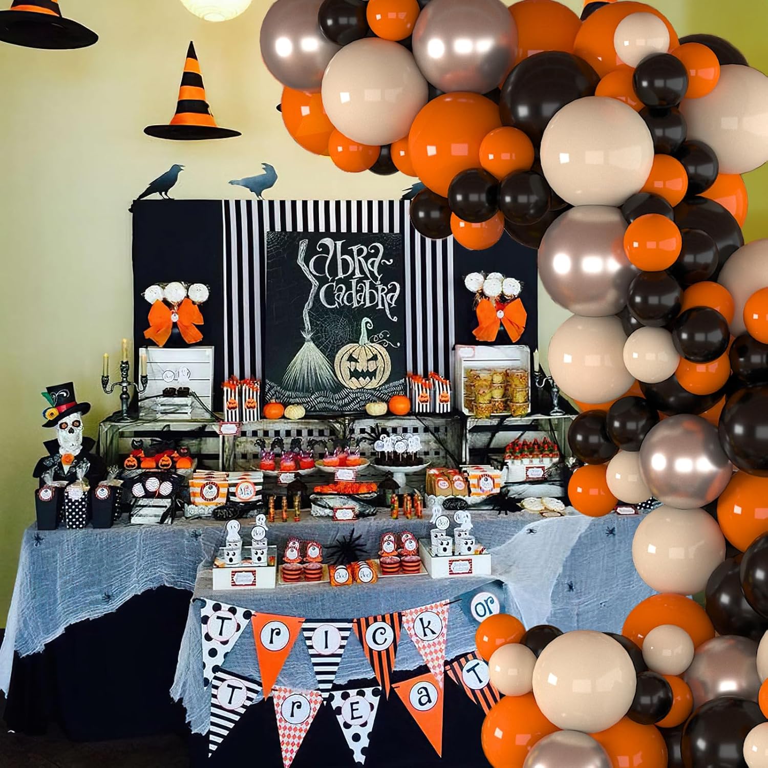 Kit de guirnalda de arco de globos de Halloween, 102 globos de látex naranja negro marfil, decoraciones de fiesta de Halloween para niños y niñas,