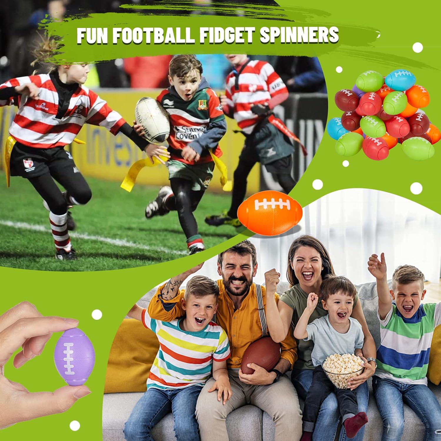 WELLVO Recuerdos de fiesta de fútbol, paquete de 24 juguetes giratorios de fútbol para niños, regalos de fiesta deportiva para niños, bolsas de