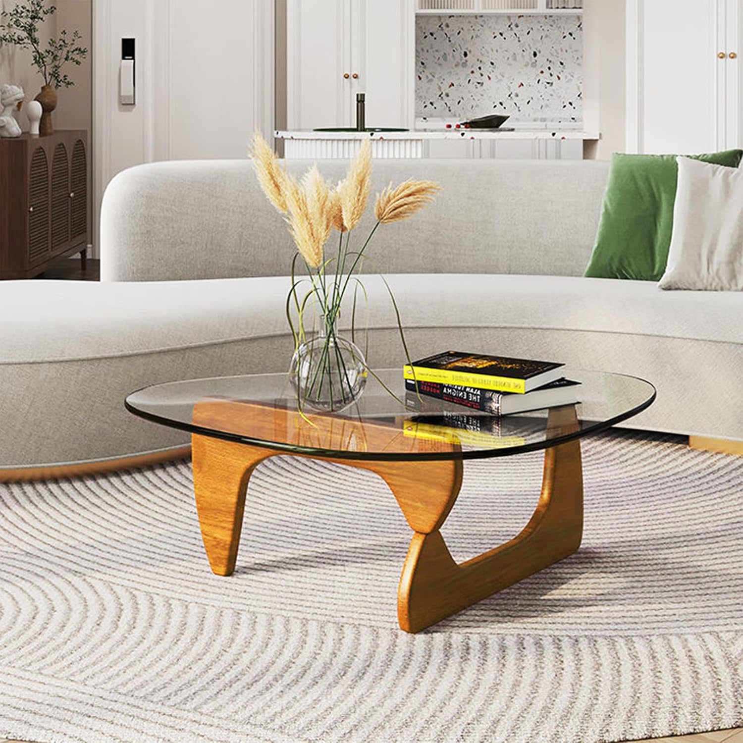 PRITIY Mesa auxiliar triangular con base de madera, parte superior de vidrio transparente, mesa de cristal de mediados de siglo, mesa auxiliar