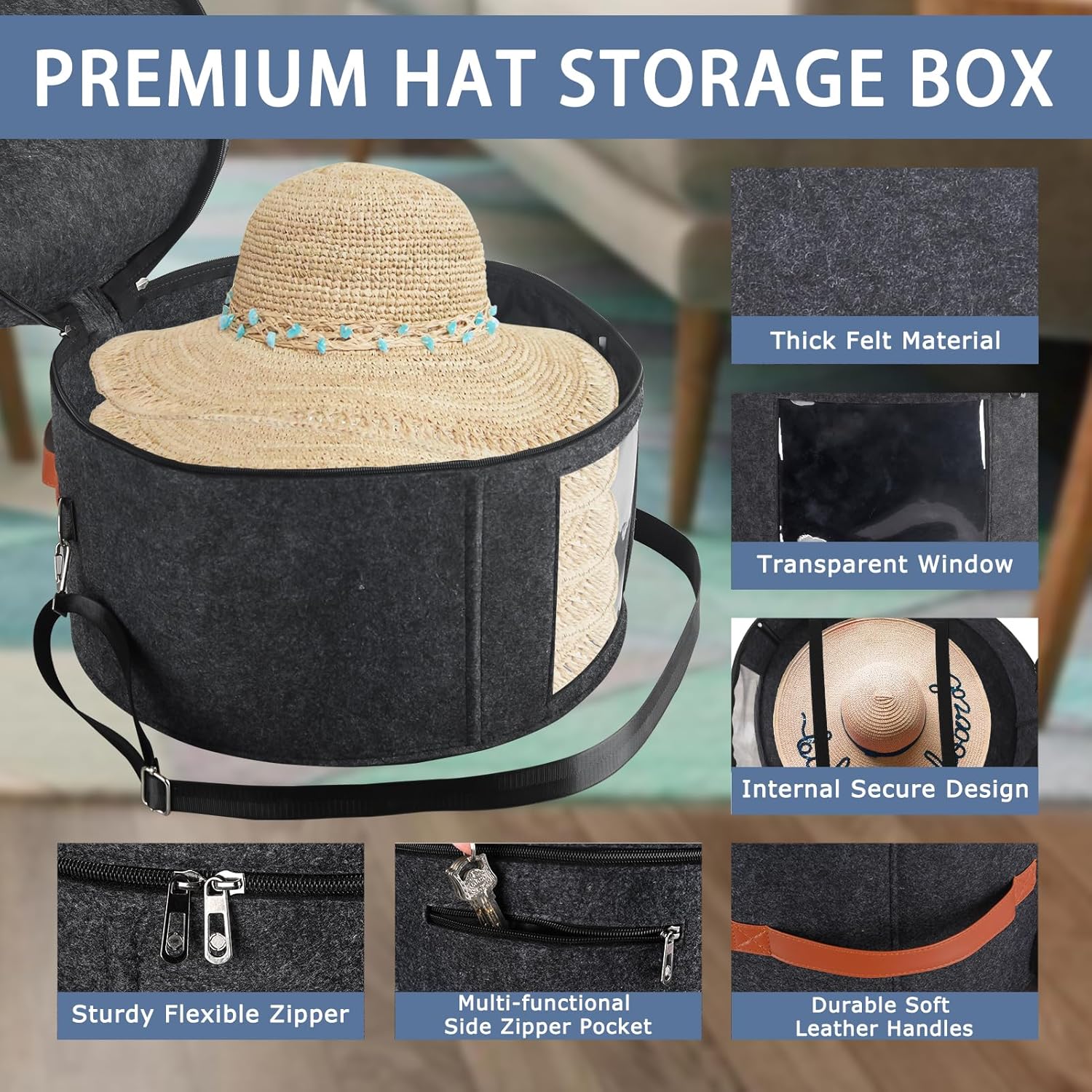 Caja para sombreros con 4 varillas estabilizadoras para mayor apoyo, organizador de sombreros redondos con tapa, ideal para viajes, almacenamiento