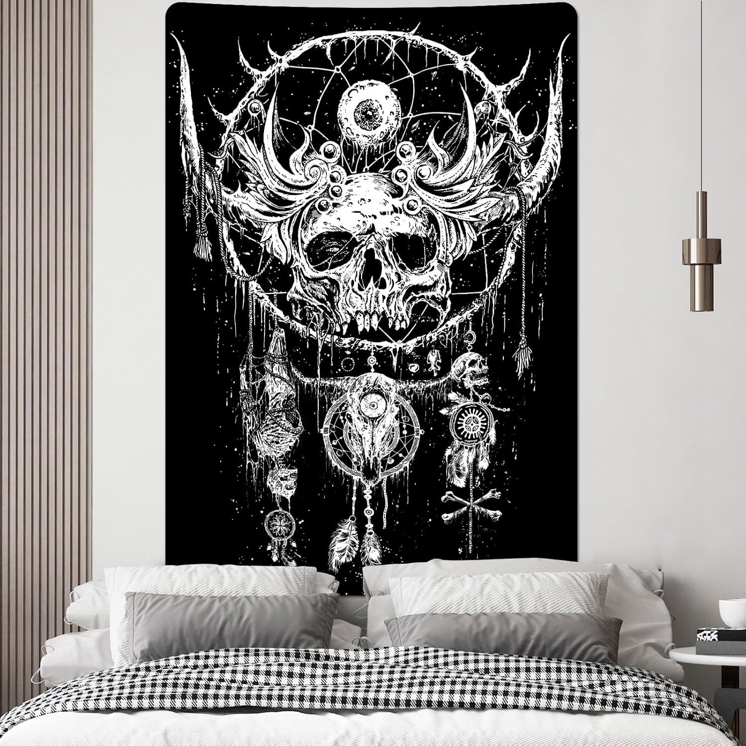 Livole Tapiz de calavera en blanco y negro, tapiz de esqueleto gótico, ojos hippies, tapiz de atrapasueños, tapiz de demonio diablo, tapiz para