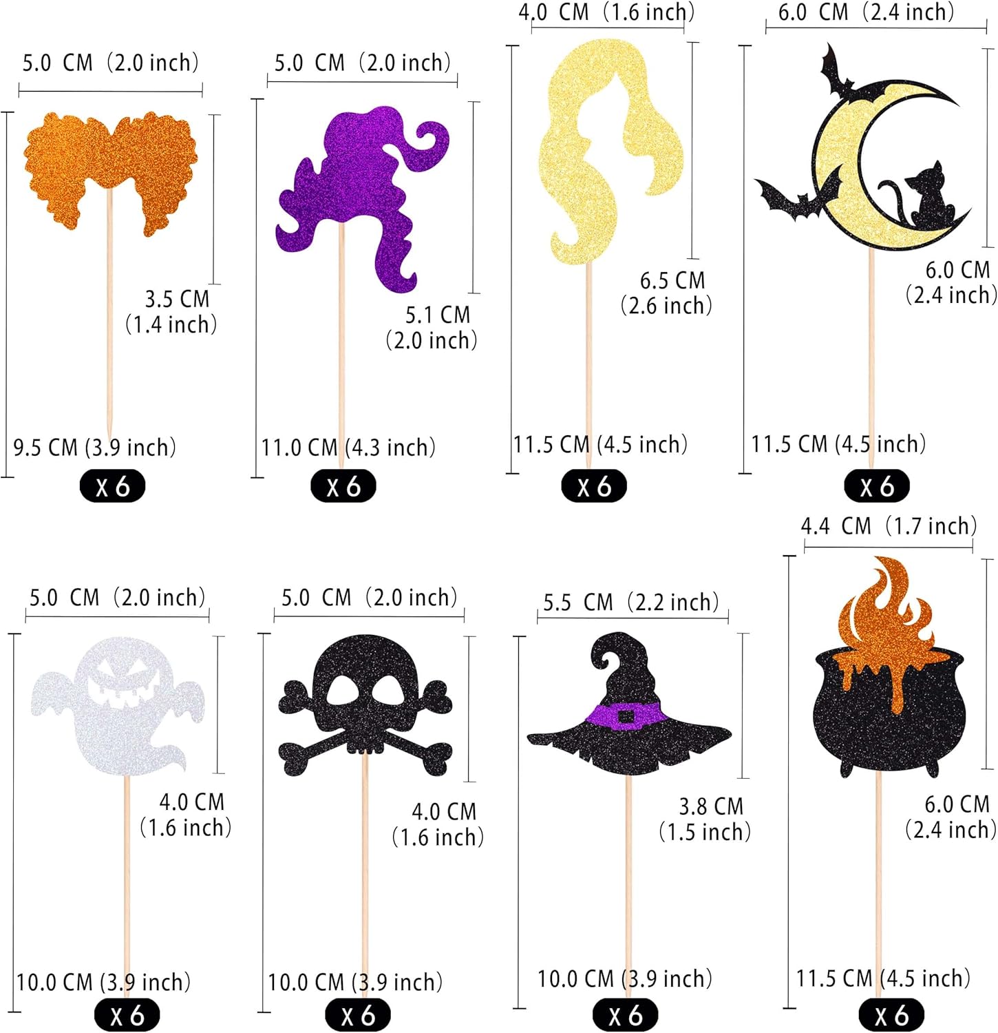 Gexolenu 48 piezas de decoración para cupcakes de Hocus Pocus, con purpurina de doble cara, espeluznante para Halloween, murciélago, fantasma,