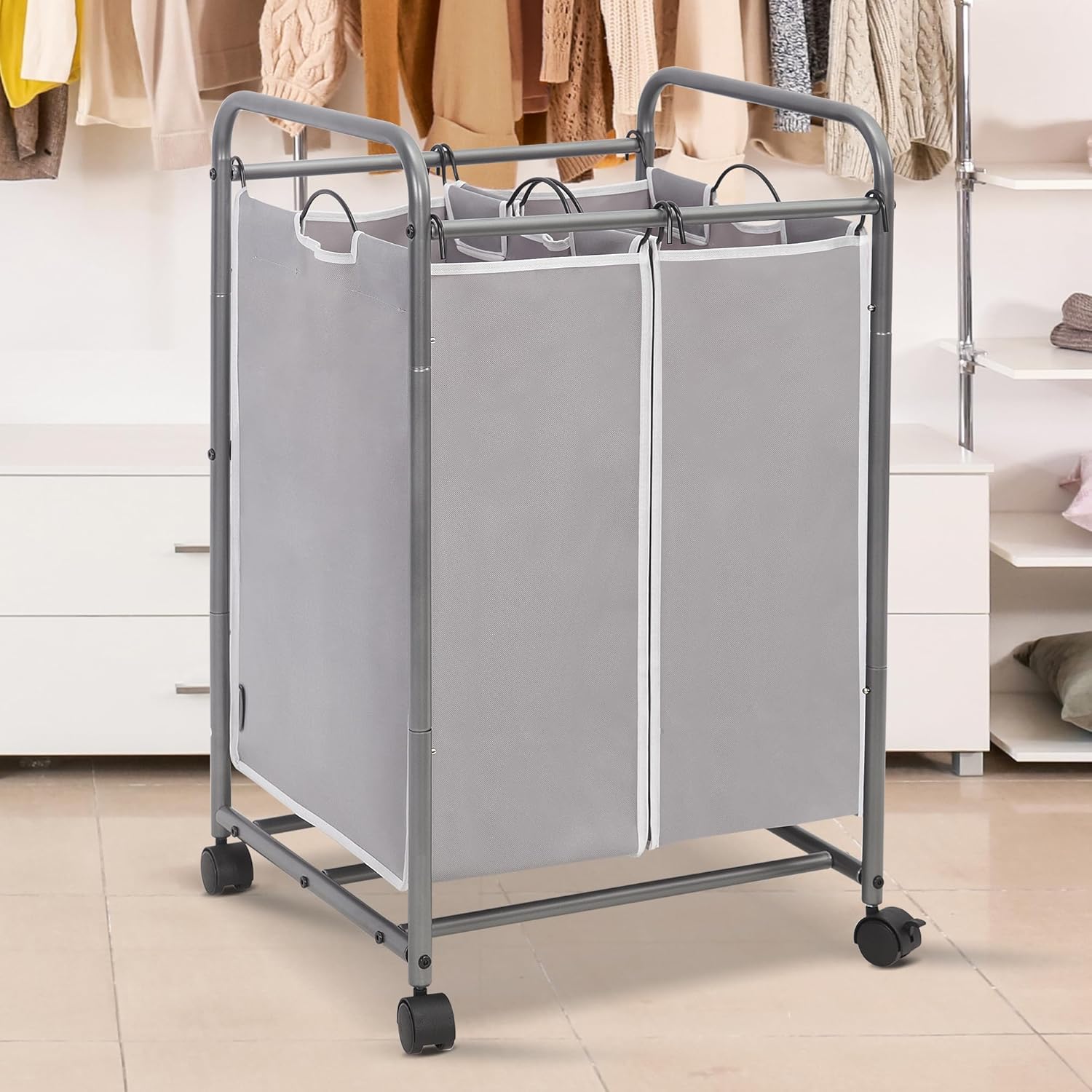STORAGE MANIAC Clasificador de ropa sucia de 3 secciones más 2 secciones, cesta para la ropa sucia con ruedas rodantes, clasificador de cestas de