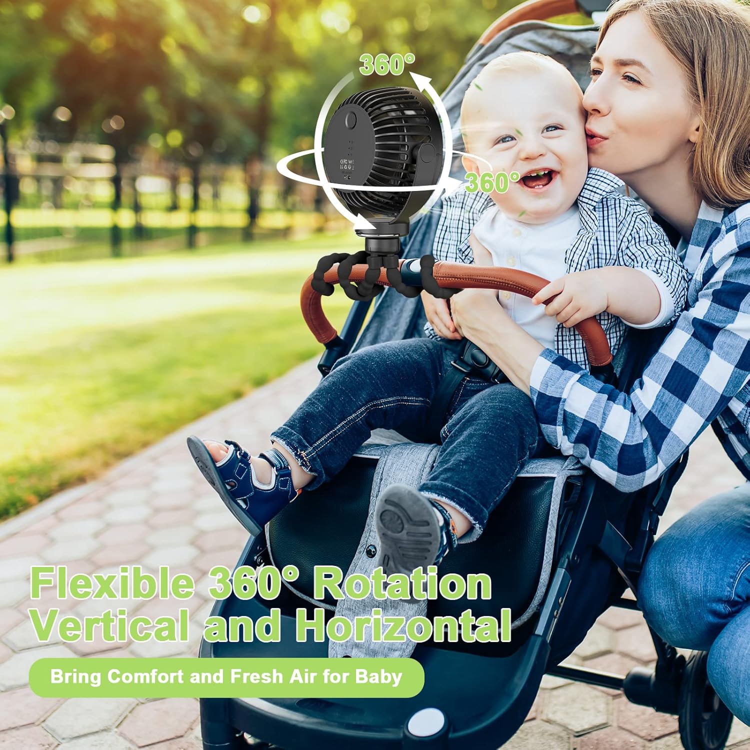 VASG Ventilador de cochecito a pilas, mini ventilador de mano con clip con trípode flexible, ventilador de bebé alimentado por batería, ventilador