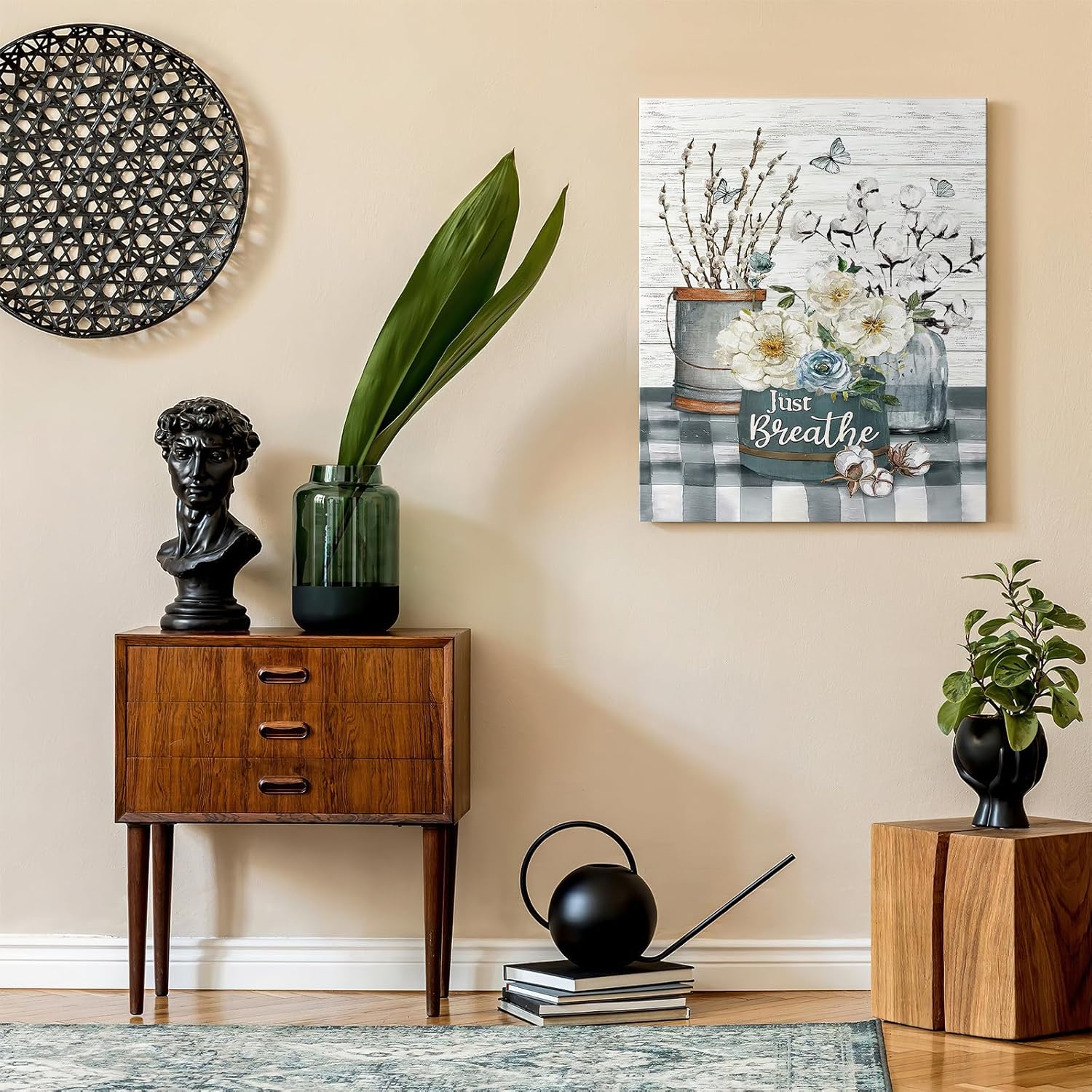 Luslya Arte de pared rústico de algodón blanco con diseño de flores de algodón con texto en inglés “Just Breathe”, pintura de baño, pósteres