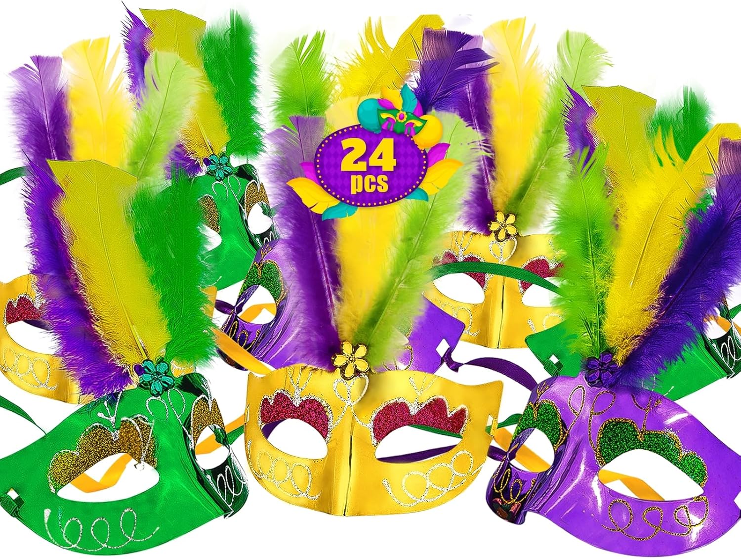 24 máscaras de Mardi Gras con plumas, máscaras para mujeres y hombres, accesorios de disfraz de Mardi Gras, suministros de recuerdos de fiesta de
