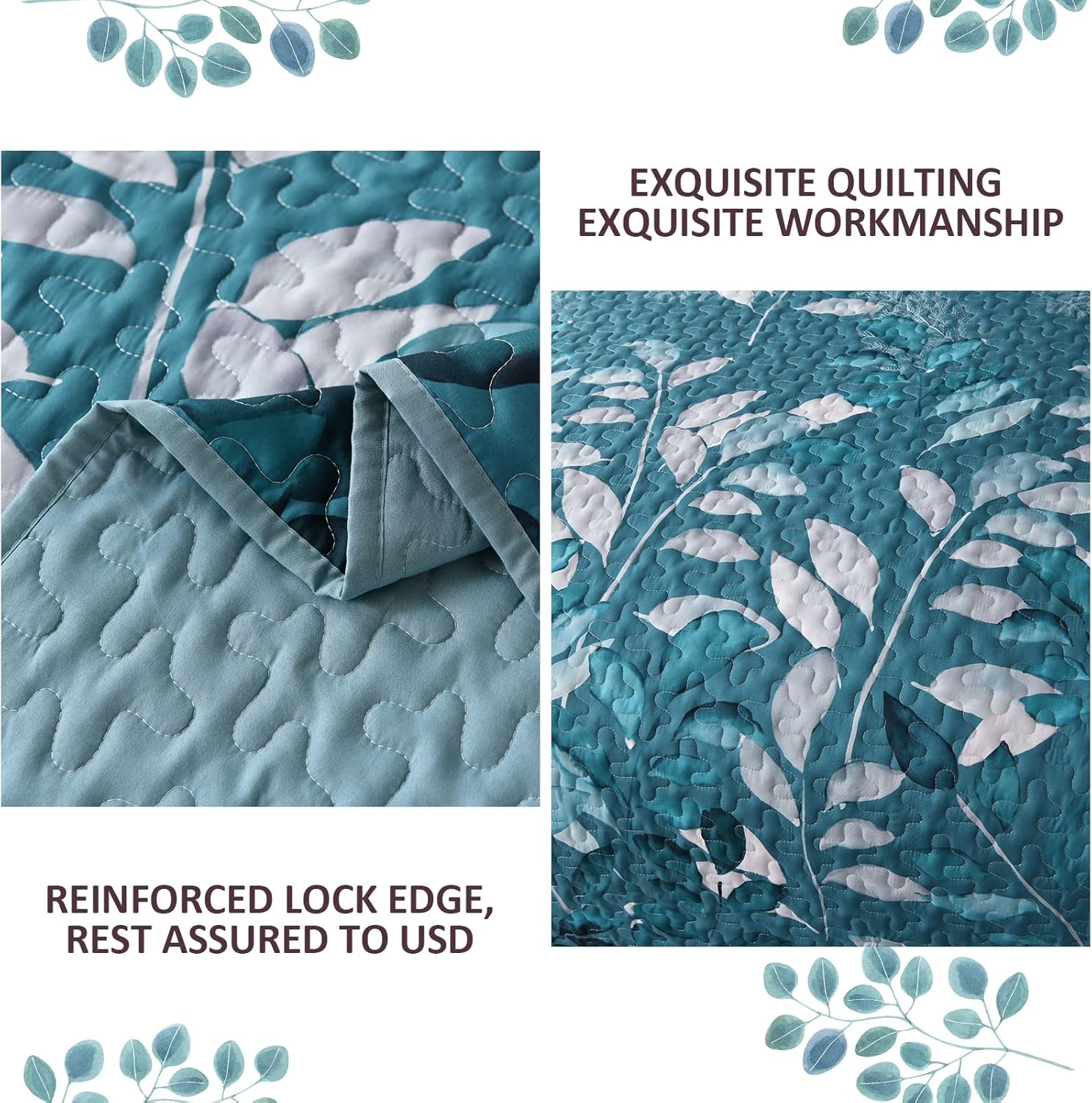 WONGS BEDDING Juego de edredón California King, juego de colcha de 3 piezas con hojas botánicas florales verde azulado con 2 fundas de almohada para