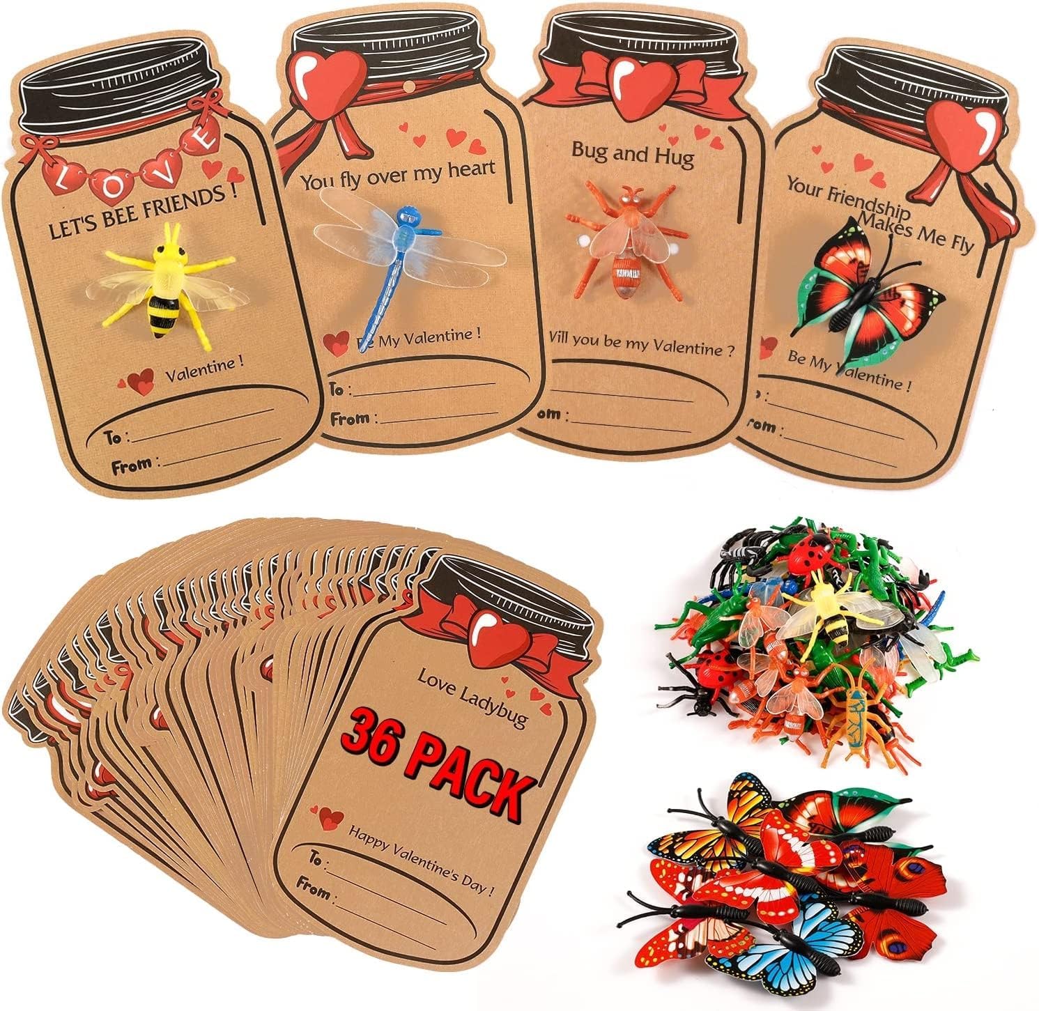 Tarjetas del día de San Valentín para niños, paquete de 36 regalos para el día de San Valentín para niños y 12 insectos de juguete diferentes,