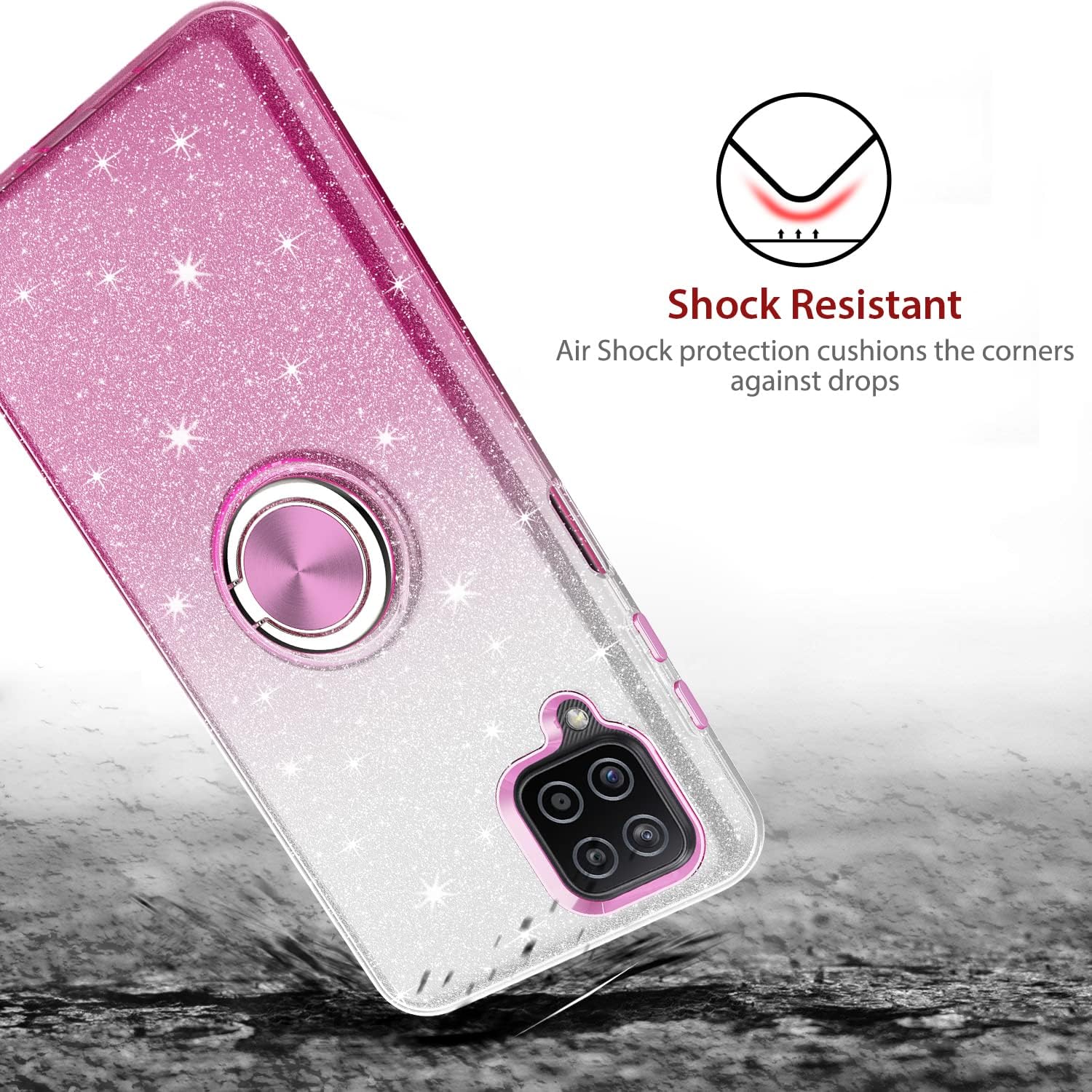 TJS Funda compatible con Samsung Galaxy A12, con protector de pantalla de vidrio templado, anillo de metal, soporte magnético, tono brillante,