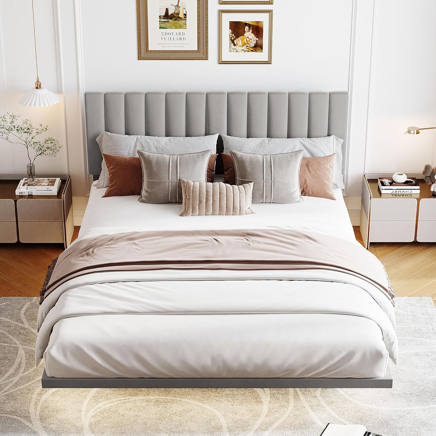 Merax Base de cama tapizada de terciopelo flotante tamaño Queen con sensor de luz y cabecero para adolescentes y adultos, color gris