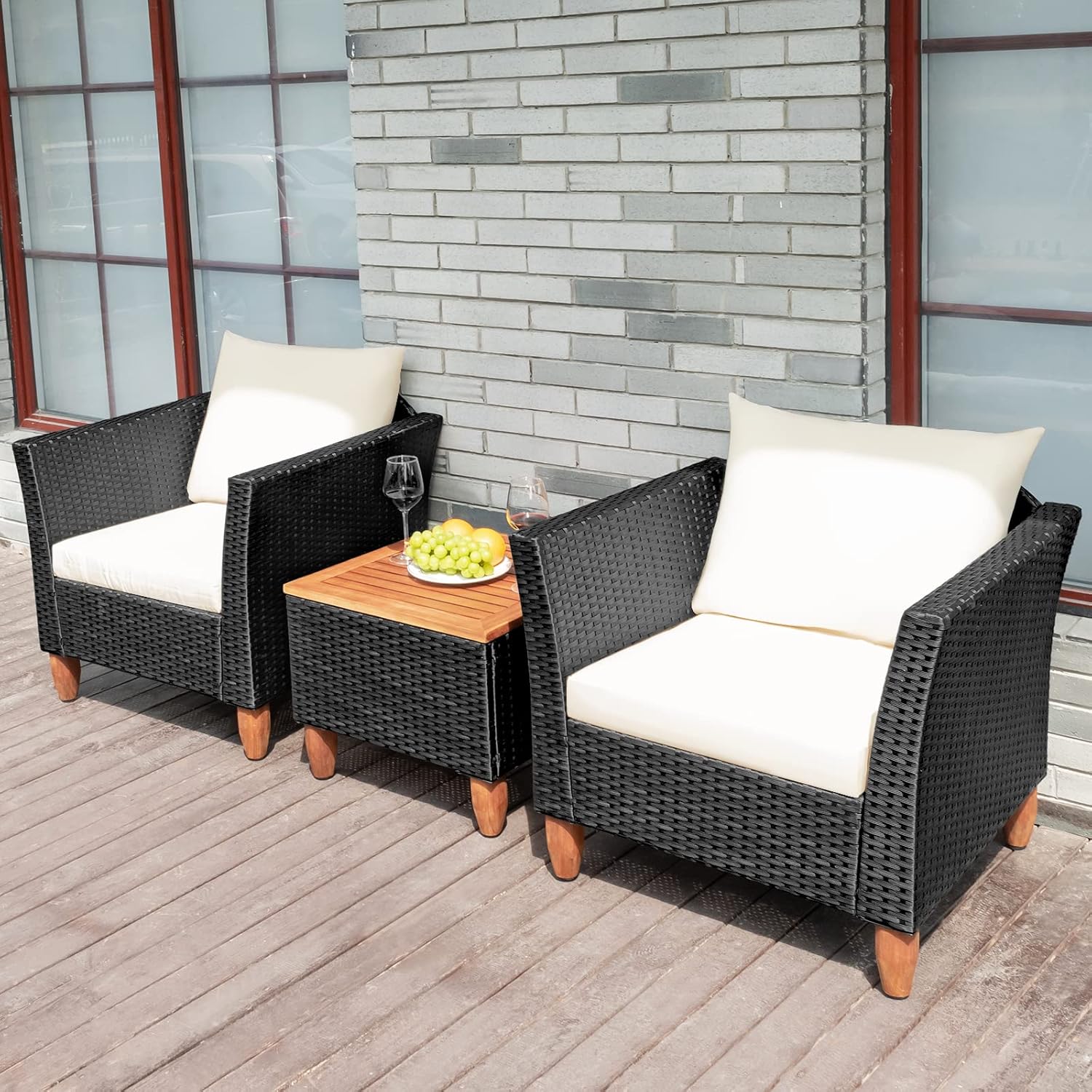 COSTWAY Juego de muebles de ratán de patio al aire libre 3PCS sofá acolchado de madera blanco