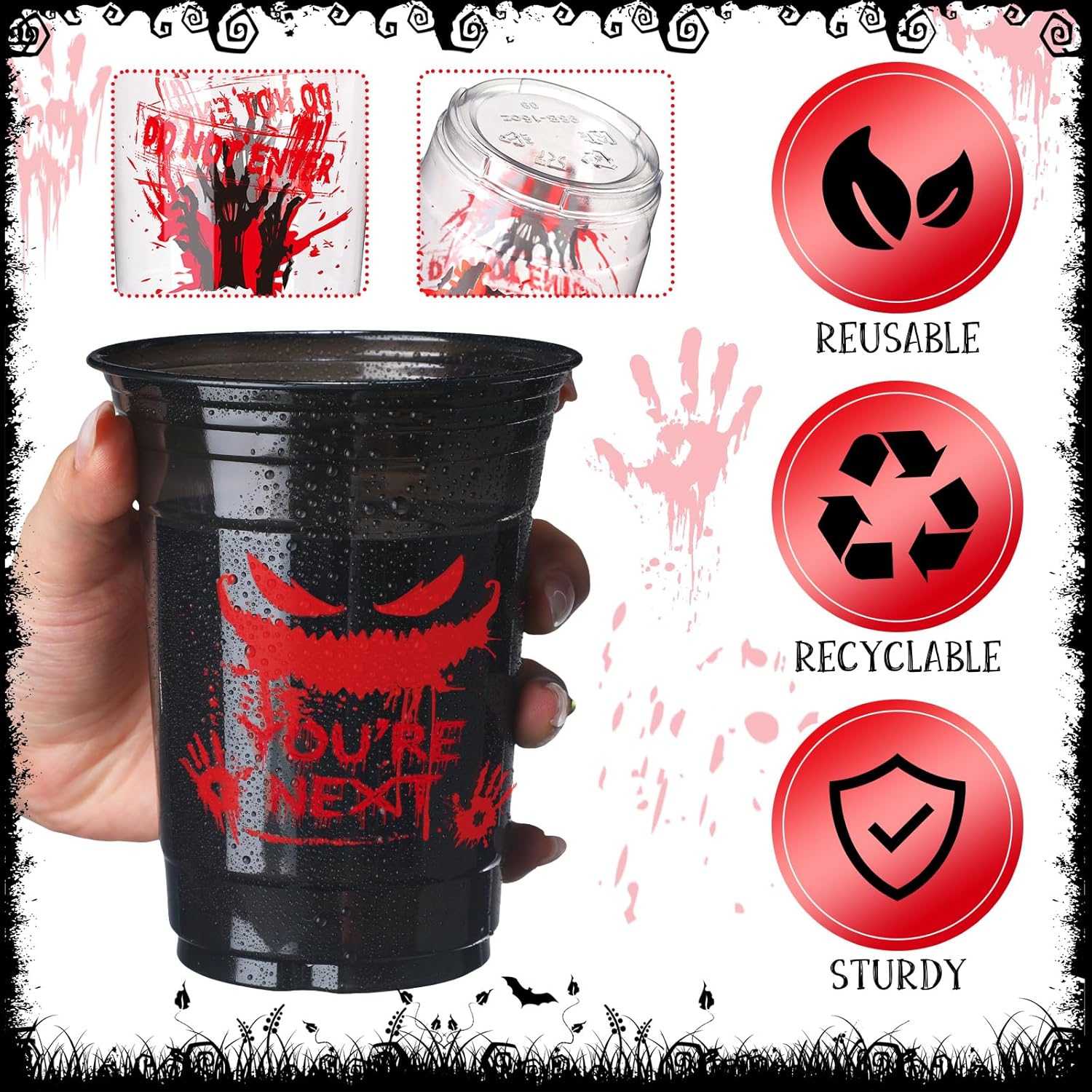 Sliner Paquete de 120 tazas de Halloween de 16 onzas con estampado de sangre de plástico con estampado de mano sangrienta, vasos desechables para