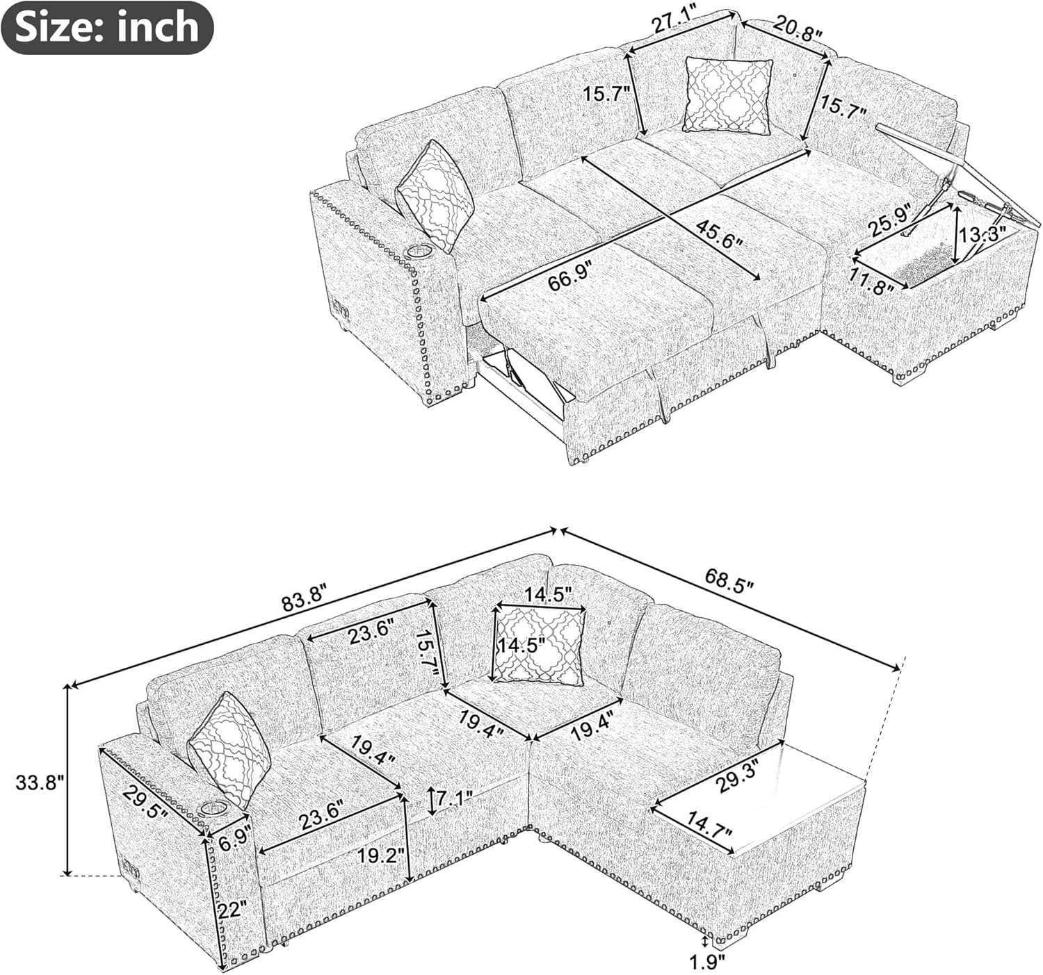 Sofá cama modular reversible de 83.8 pulgadas con diván de almacenamiento, sofá esquinero en forma de L con puertos USB y enchufes de corriente,