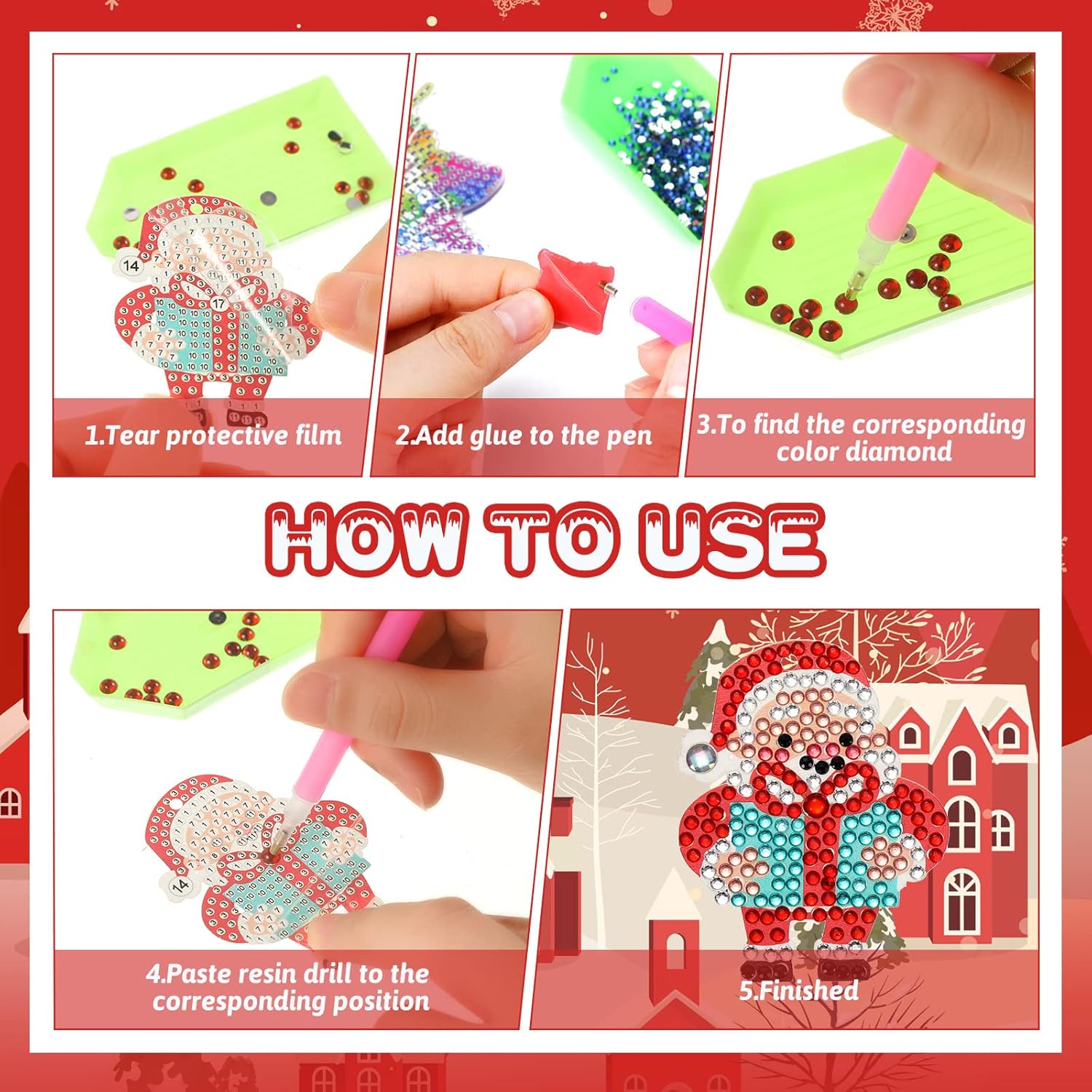 Jetec 20 piezas de adornos de pintura de diamantes de Navidad, kits de arte de diamantes, adornos de pintura de cristal para manualidades de niños,