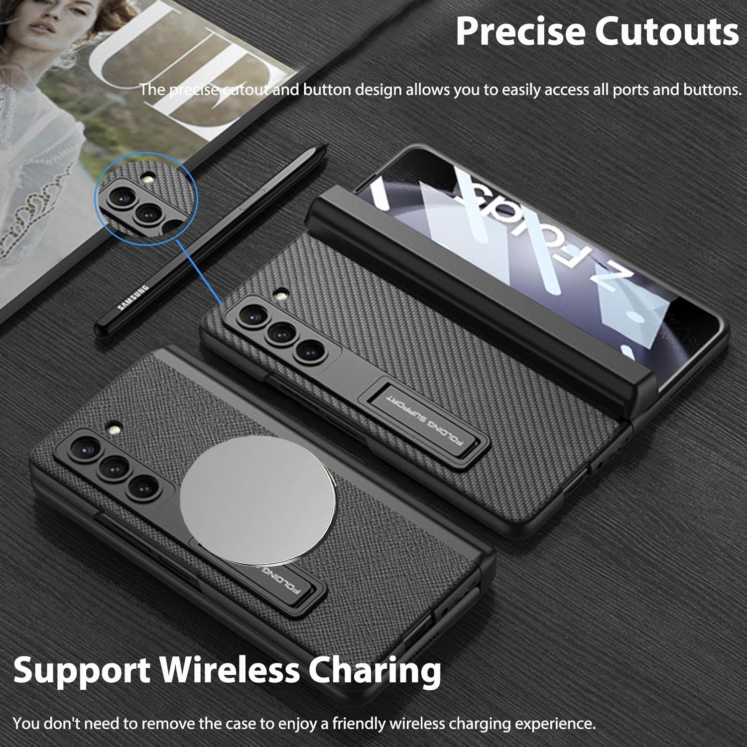Miimall Funda para Galaxy Z Fold 5, soporte integrado para S Pen + protección magnética de bisagra+protector de pantalla+soporte de protección a