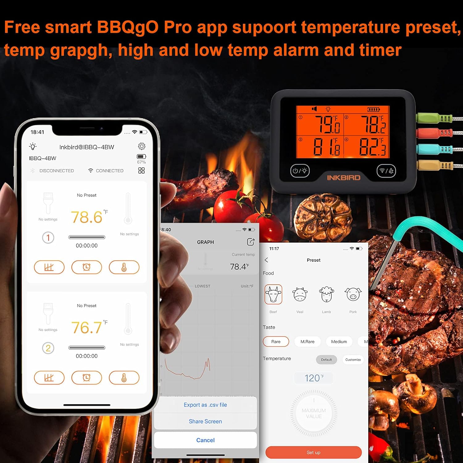 Termómetro de carne Bluetooth y WiFi IBBQ-4BW, termómetro inalámbrico inteligente para parrilla, 4 sondas de color, notificación móvil, temporizador
