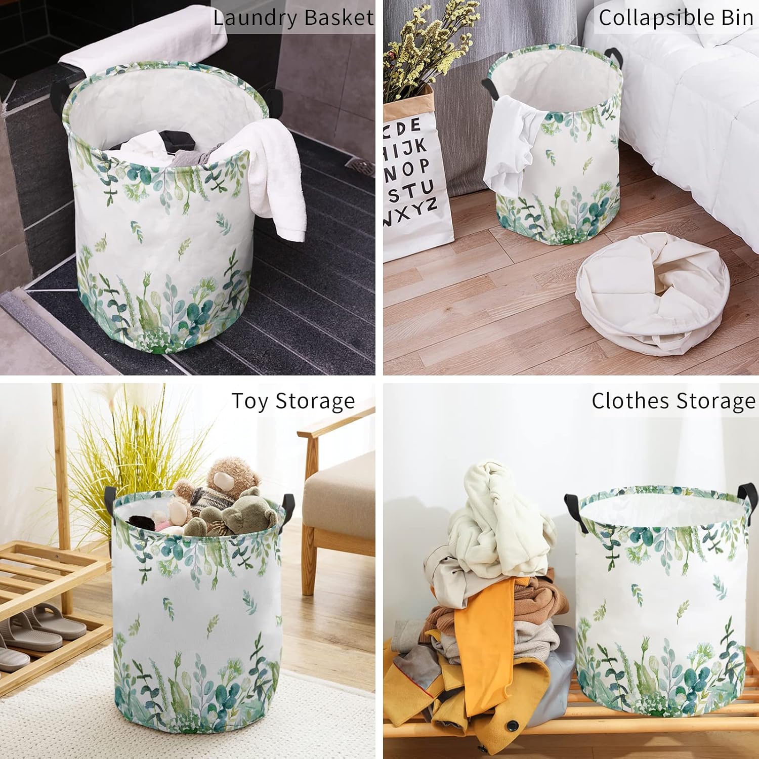 Eucalyptus Leaves Large Laundry Basket,Collapsible Bag with Easy Carry Handles,16.5x17in Waterproof Foldable Freestanding Hamper,Washing Bin Storage