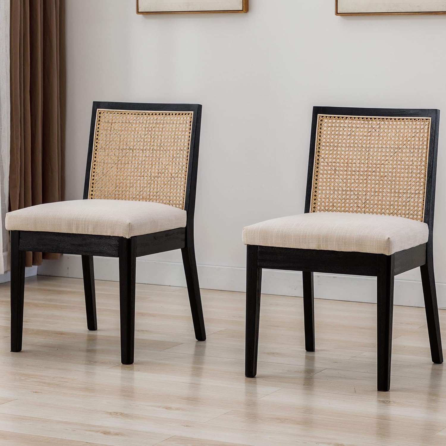 VESCASA Sillas de comedor tapizadas con respaldo cuadrado de ratán, sillas de comedor acolchadas de lino sin brazos con patas de madera para