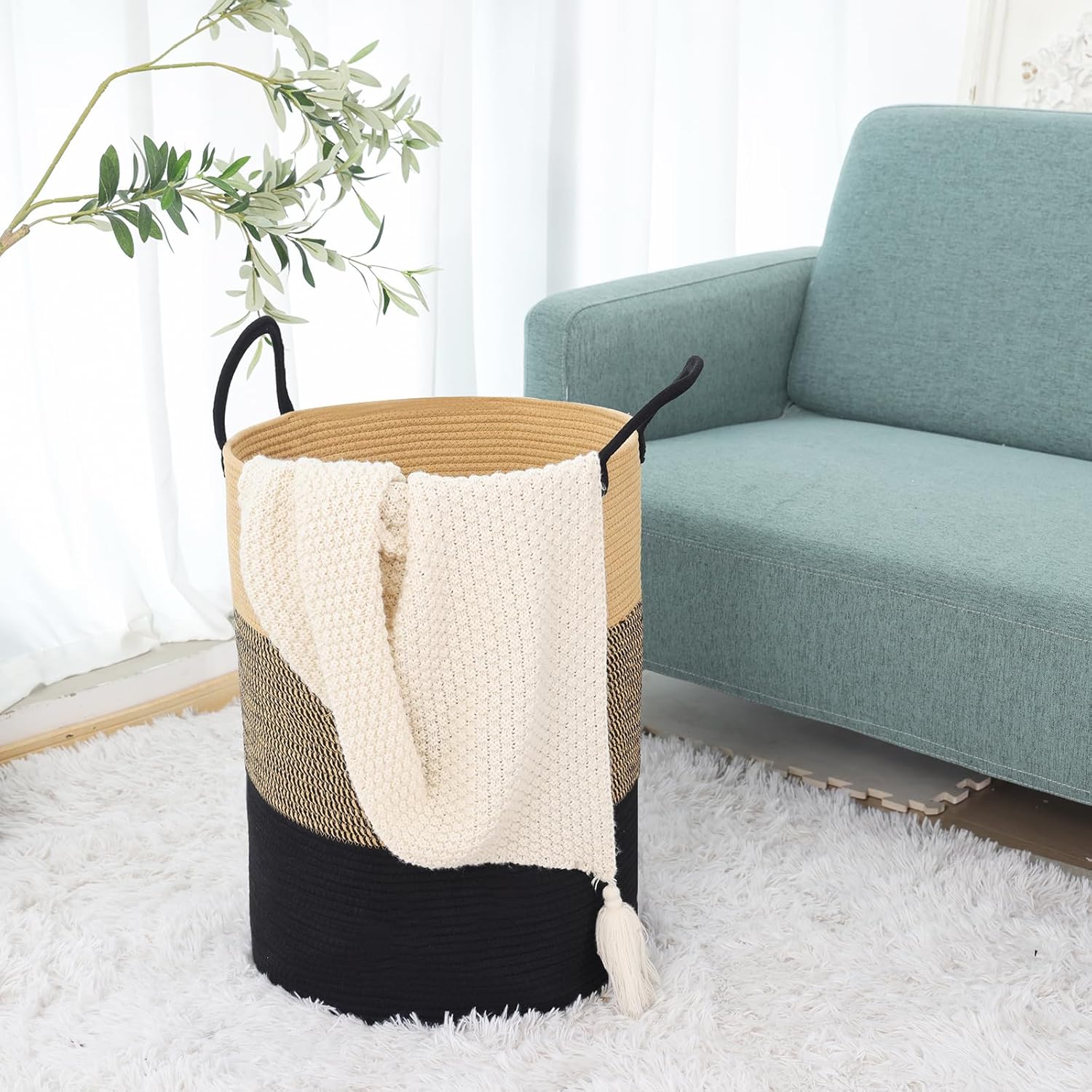 Fixwal Cesta de lavandería, canasta grande alta de algodón tejida con asas para sala de estar, juguetes, toallas, ropa, cuarto del bebé, 72 pulgadas