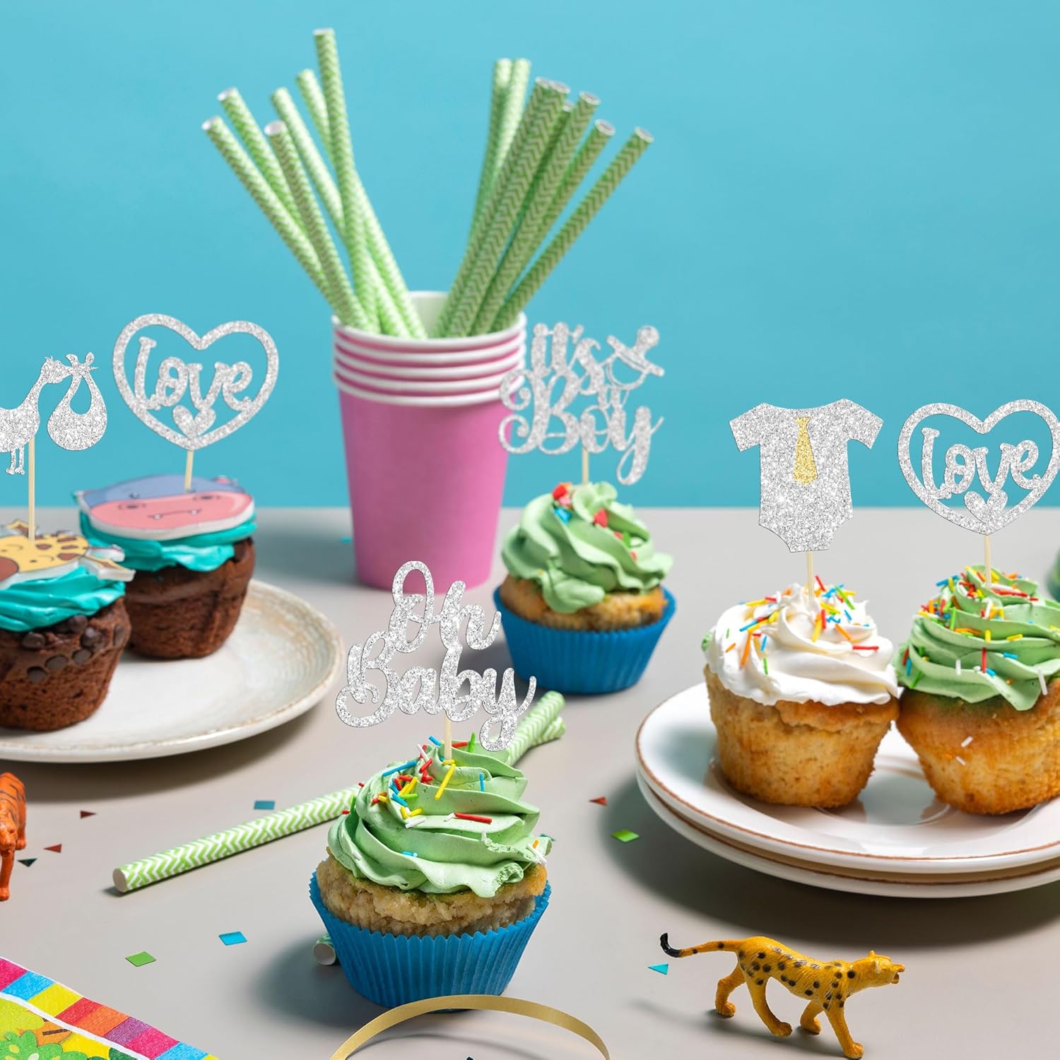 Gyufise 30 piezas de decoración para cupcakes “It’s a Boy” con purpurina para cupcakes con purpurina, mameluco con diseño de corazón, decoración