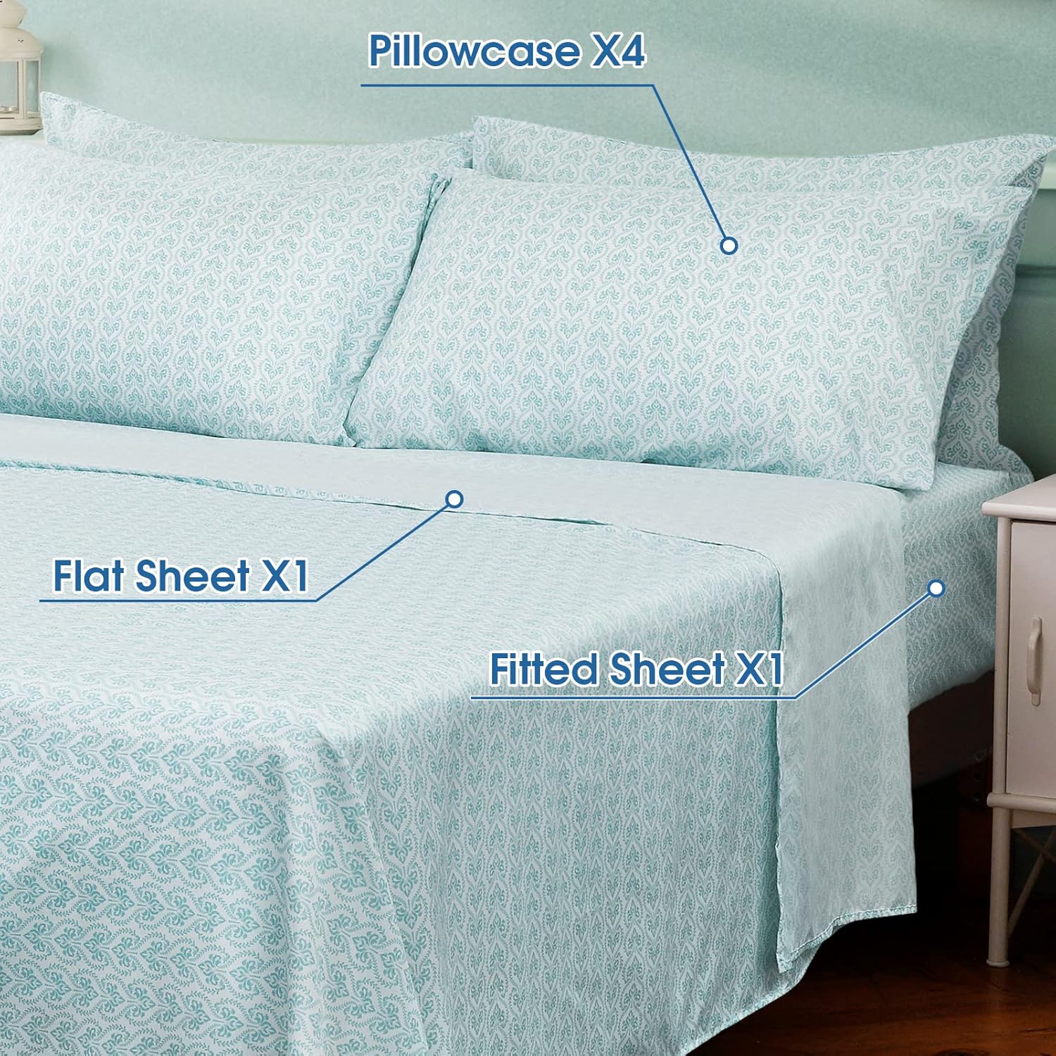 HOMEIDEAS Sábanas estampadas de 6 piezas tamaño Queen con diseño de corazón azul, microfibra cepillada extra suave 1800, bolsillo profundo, sin