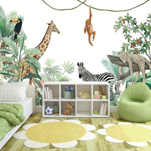 WFBHUA – Papel tapiz de safari para niños, diseño de hojas botánicas de selva tropical, mural de pared para guardería, dormitorio de niños, WFBHUA – Papel tapiz de safari para niños, diseño de hojas botánicas de selva tropical, mural de pared para guardería, dormitorio de niños,