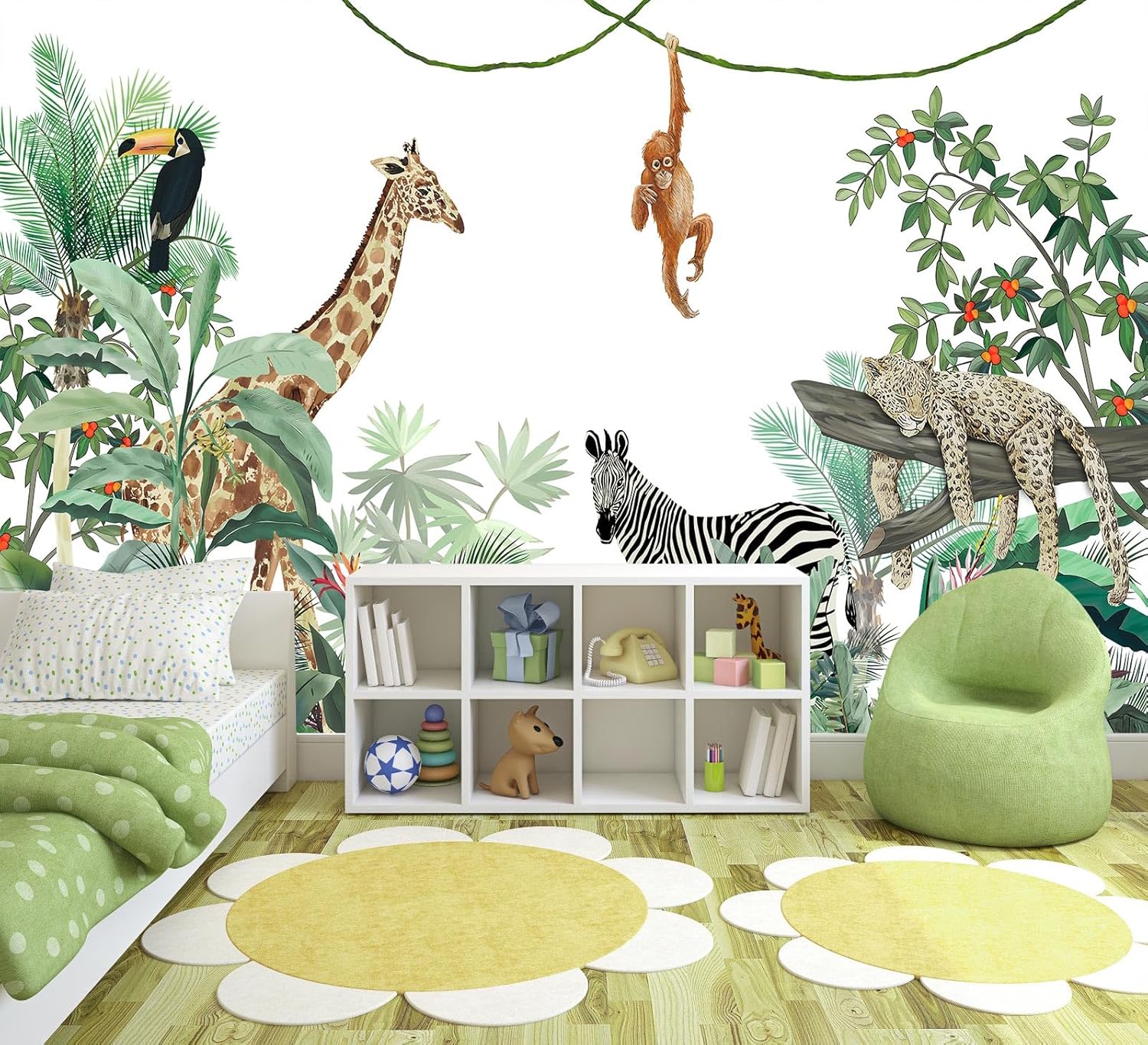 WFBHUA – Papel tapiz de safari para niños, diseño de hojas botánicas de selva tropical, mural de pared para guardería, dormitorio de niños,