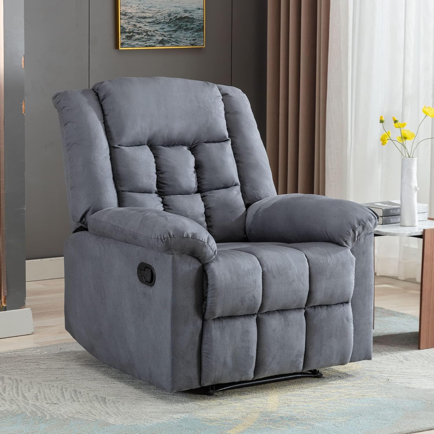 Silla reclinable manual clásica con reposacabezas y reposabrazos acolchados suaves, sofá individual con relleno para sala de estar, dormitorio, gris