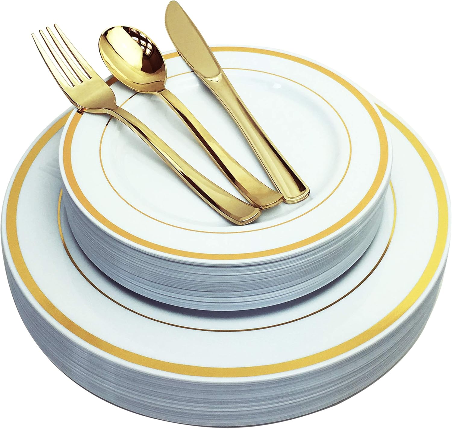 125 piezas oro placas plásticas y cubertería para 25 invitados, platos desechables de plástico resistente con borde de oro y plata para fiesta y