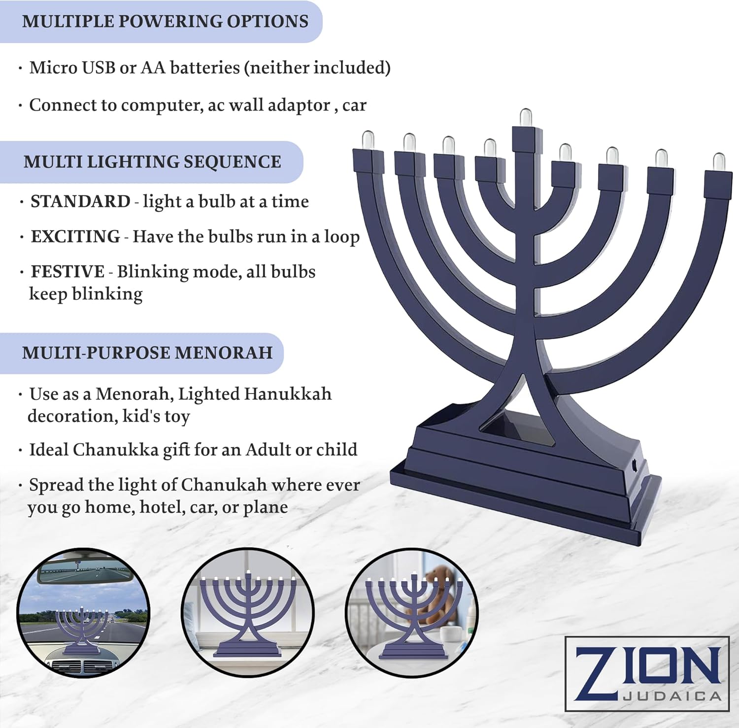 Zion Judaica – Mini LED Hanukkah Menorah con batería o funciona por USB, múltiples ajustes de luz para decoración de Janucá (azul)