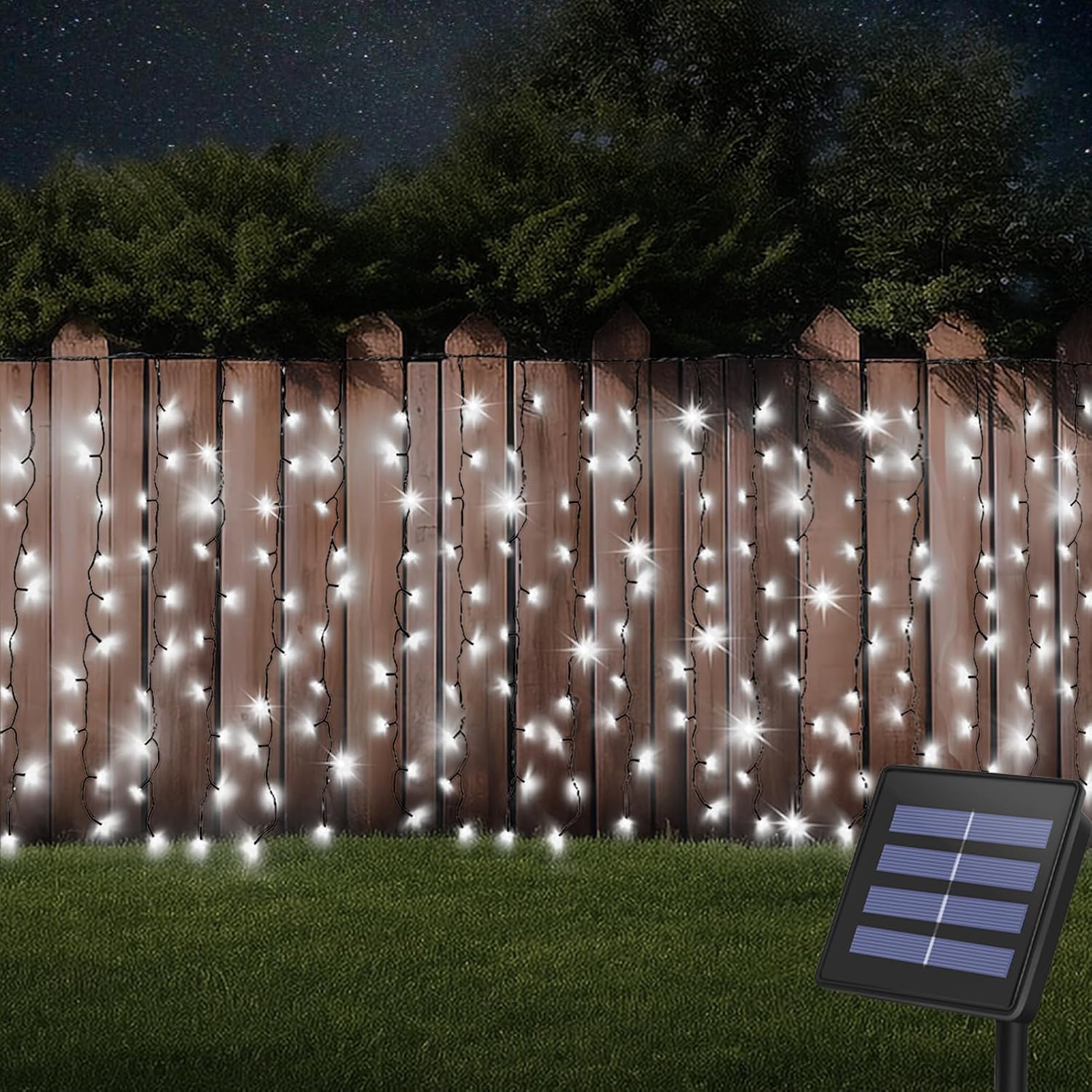 DBFAIRY Cortina solar para exteriores, 300 luces LED solares para cortina con 8 modos para decoración de pared, barandilla, barandilla, aleros,
