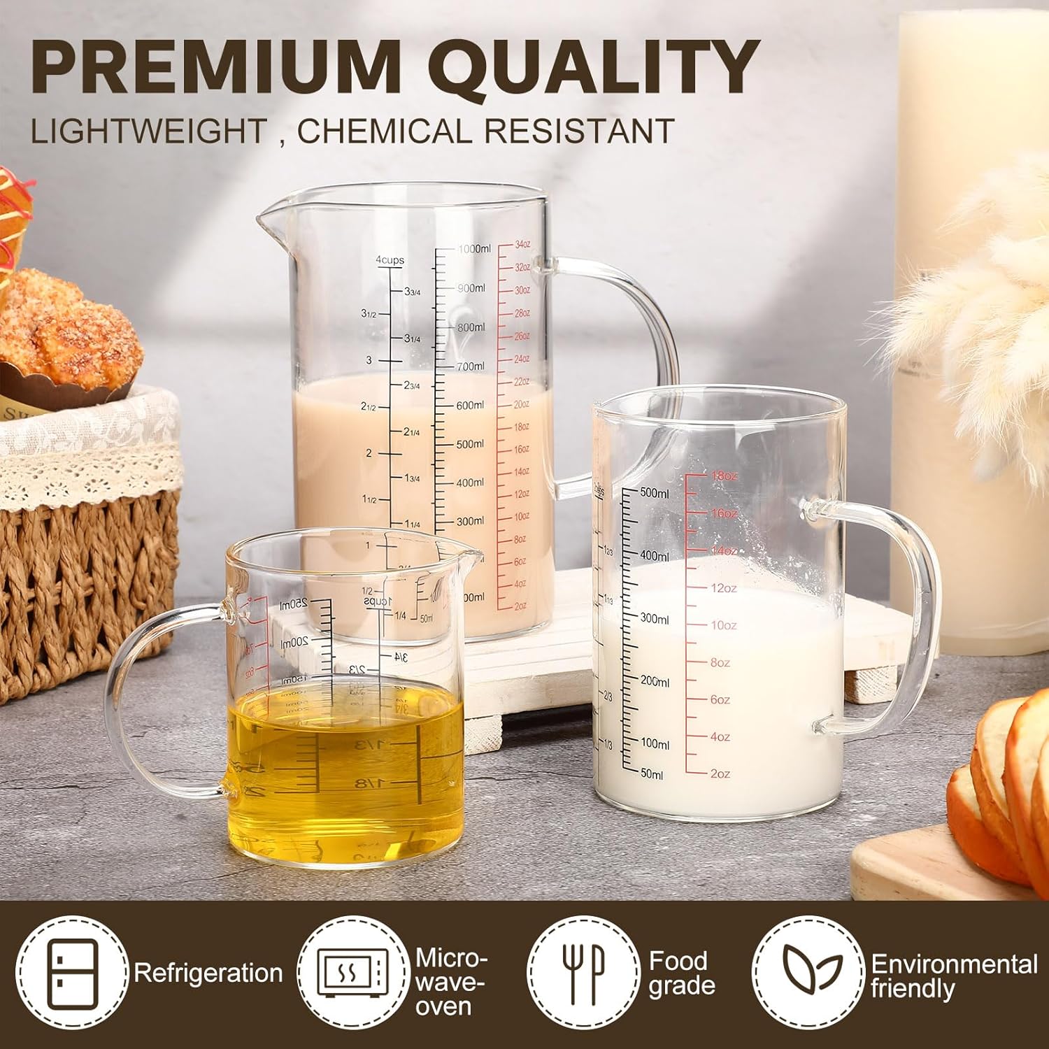 Lallisa Paquete de 3 tazas medidoras de vidrio con asa y boquilla en forma de V, vaso de vidrio de borosilicato alto con 3 escalas (Oz, taza, Ml)