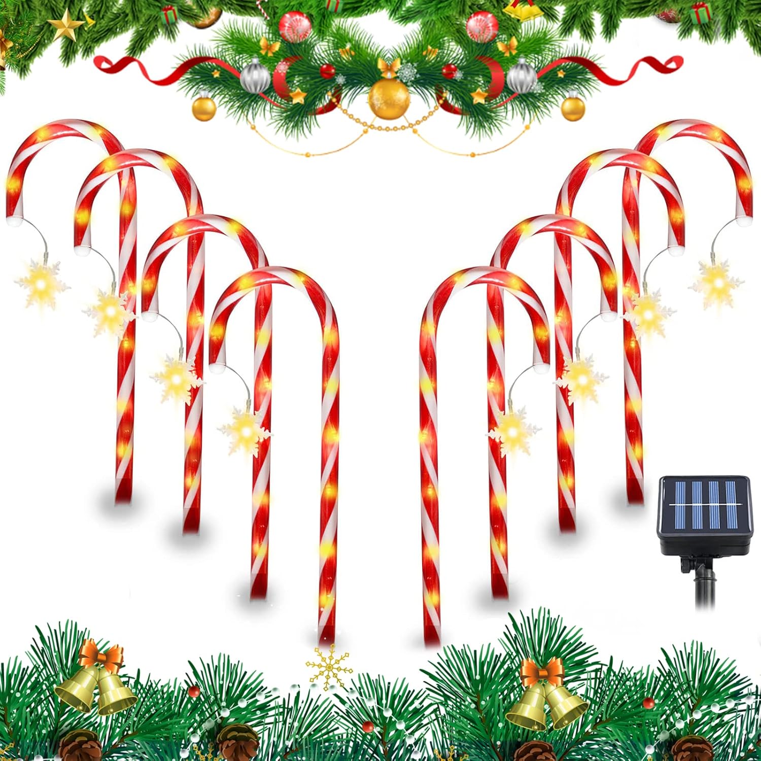 Luces solares de bastón de caramelo de Navidad con copo de nieve, luces solares mejoradas para marcadores de camino, paquete de 8 decoraciones de