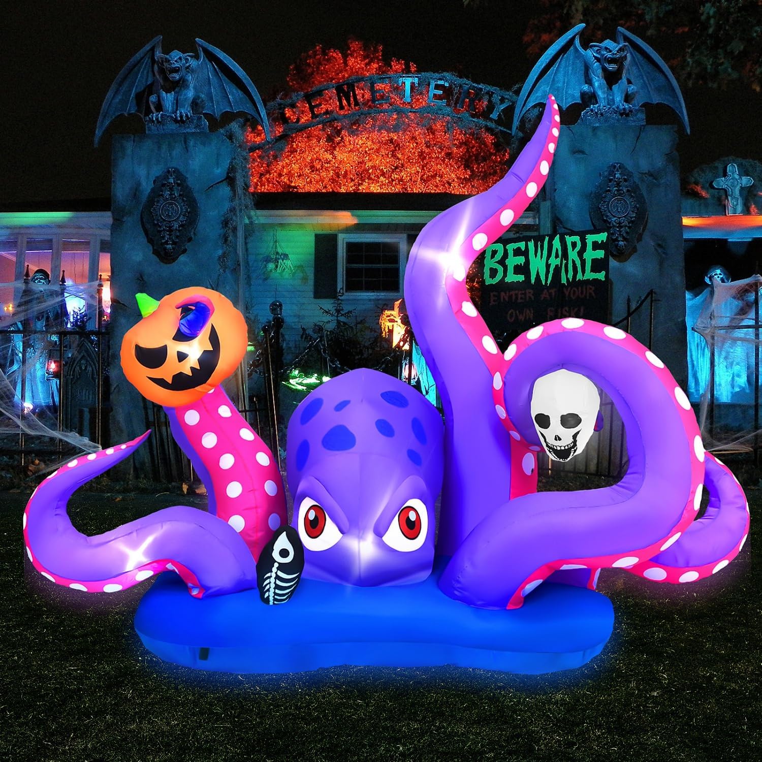 Pulpo gigante inflable de Halloween con calabaza y calavera para decoración de Halloween al aire libre, decoración inflable de Halloween con LED